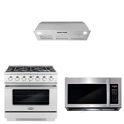 COSMO 3-Piece Kitchen Appliance Packages, 36" Insert Range Hood with Soft Touch Controls, 36" Professional Style Gas Range and 30" Over the Range Microwave Oven with 1.9 cu. ft. Capacity product image