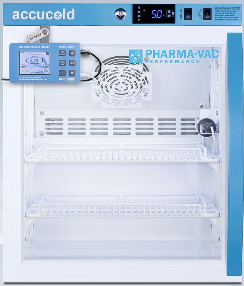 Summit Appliance ARG2PVDL2BLHD Performance Series 2 Cu.Ft. Countertop Glass Door All-Refrigerator, White, Auto Defrost, Digital Data Logger, Password Protection, Left Hand, 22.25"H x 18.5"W x 23.25"D product image