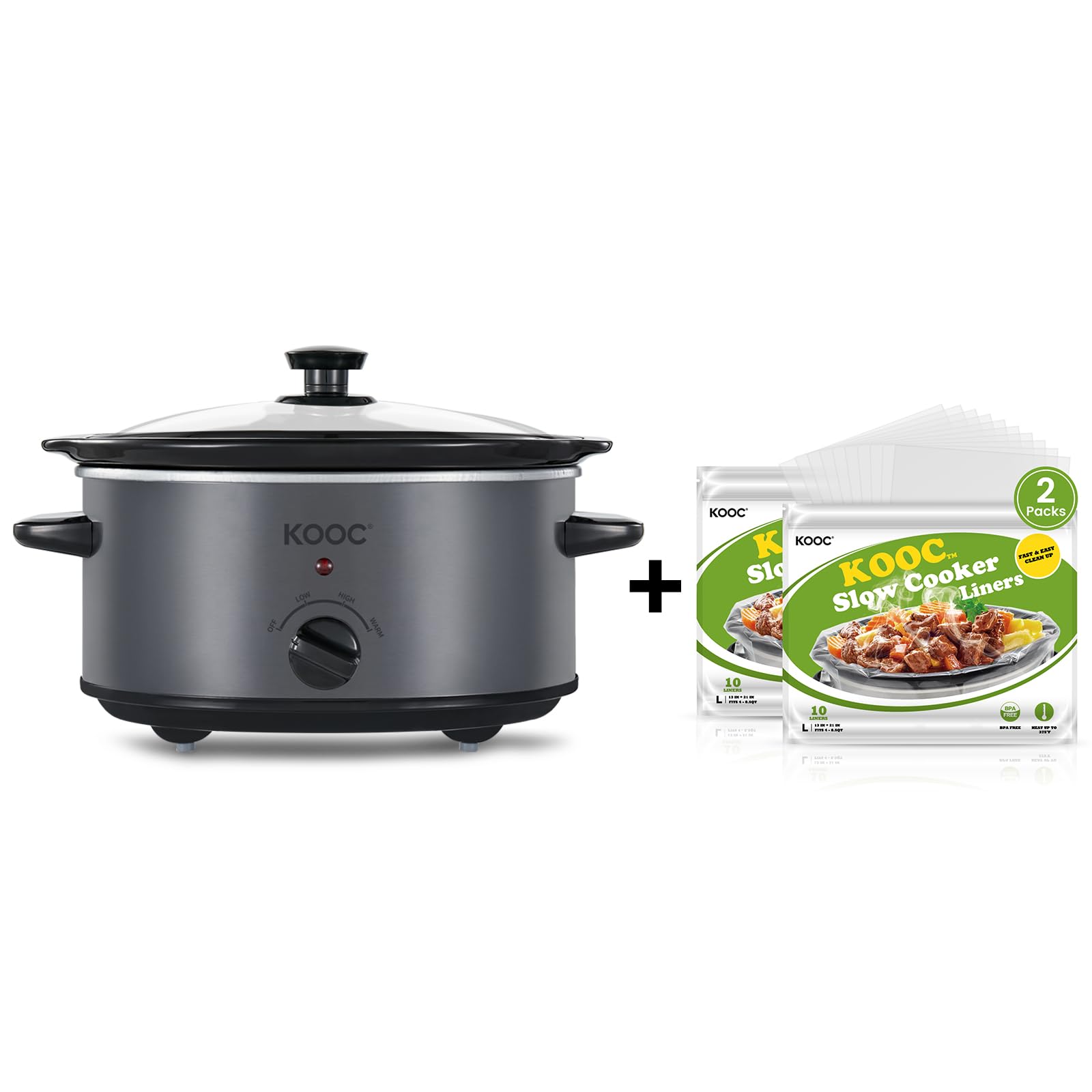 KOOC 4-Quart Slow Cooker, Free Liners Included for Easy Clean-up, 3 Temperature Settings, Grey + KOOC Disposable Slow Cooker Liners and Cooking Bags 13×21 inch 20 Count Fit 3QT to 8.5QT product image