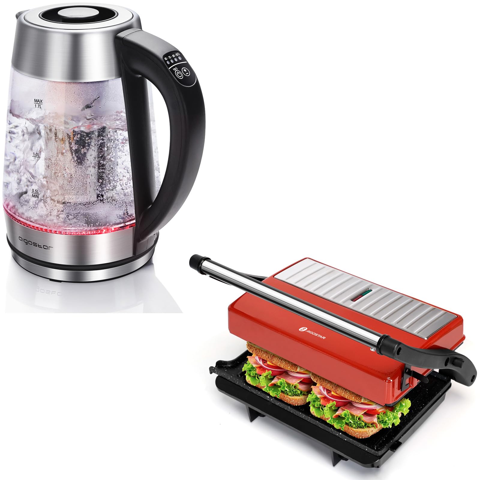 Aigostar Electric Kettle, Tea Kettle with Temperature Control and Tea Infuser Keep Warm 2H and Aigostar Panini Press Grill 1000W Sandwich Maker with Ceramic Non-stick Plates, Opens 180 Degrees product image
