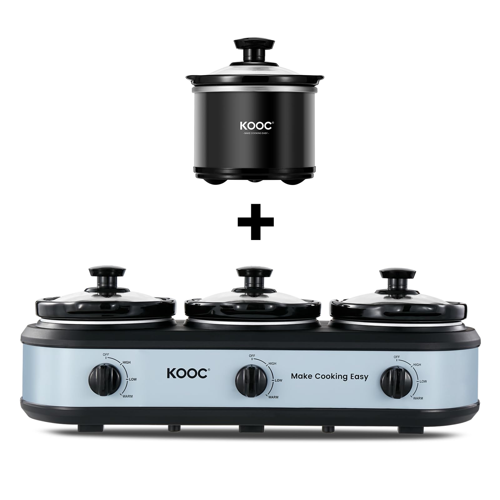 KOOC Small Slow Cooker, 0.65 Quart, Sauces, Stews & Dips, Stainless Steel, Black, Round + Triple Slow Cooker Buffet Server 3x1.5 Quart Individual Temp Control With Lid Rests & Spoons Blue Grey product image