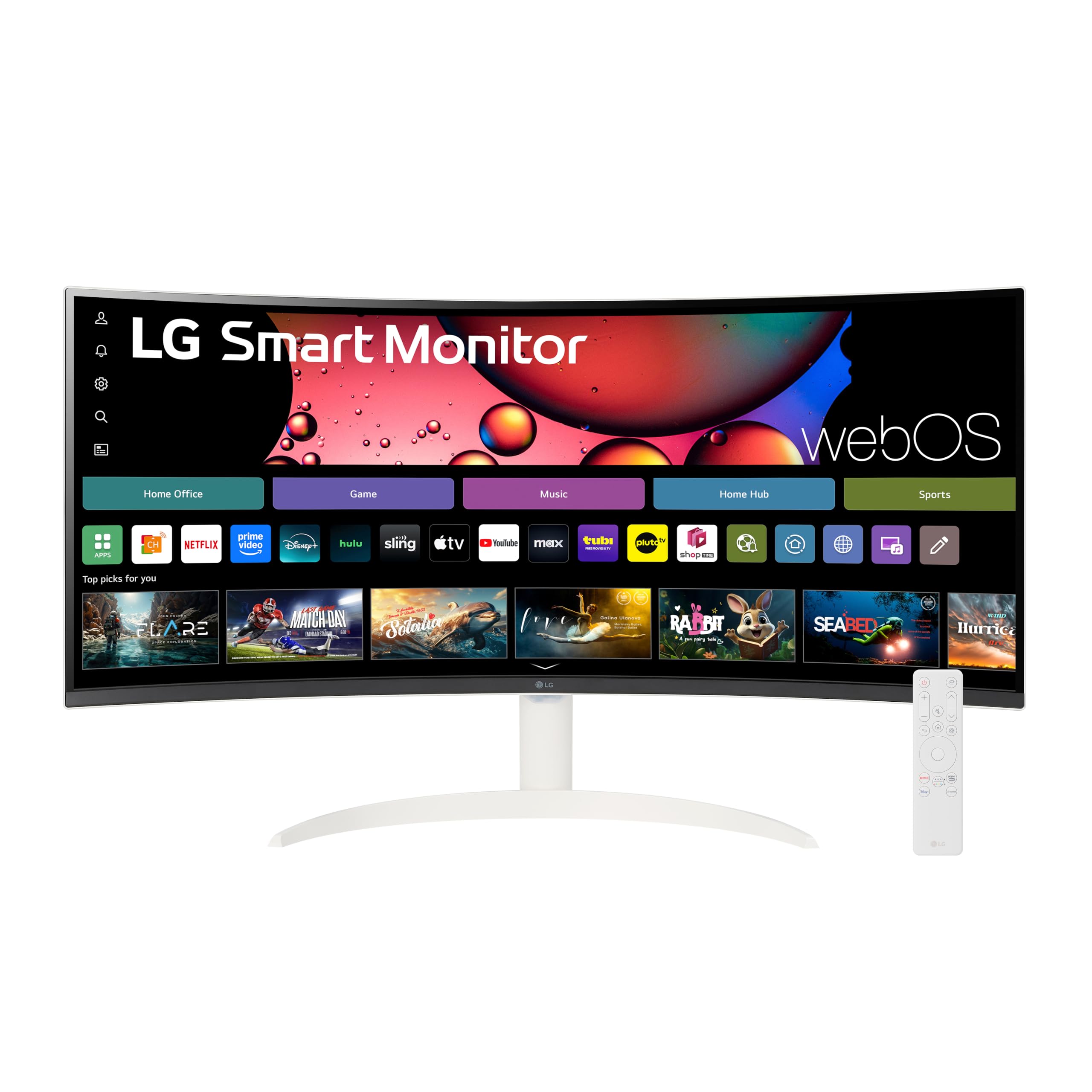 LG 34SR60QC-W 34-inch QHD 3440x1440 Curved Smart Monitor with Streaming, UltraWide Screen, webOS, HDR10, 100Hz, Built-in Speaker, AirPlay2, Screen Share, Bluetooth, ThinQ App, White product image