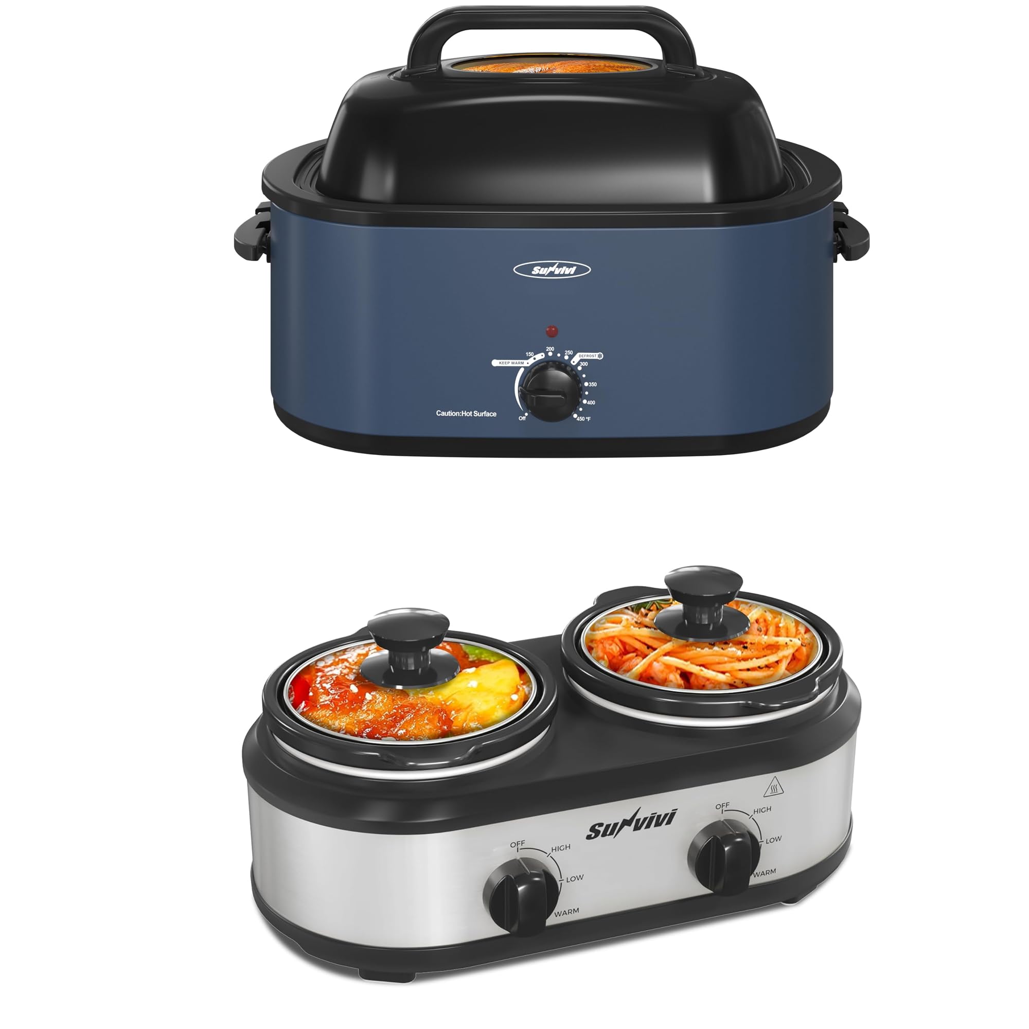 Sunvivi 28lb 24-Quart Roaster Oven with Self-Basting Lid And Dual Slow Cooker,Turkey Roaster with Unique Defrost/Warm Functionuffet Server and Food Warmer. product image