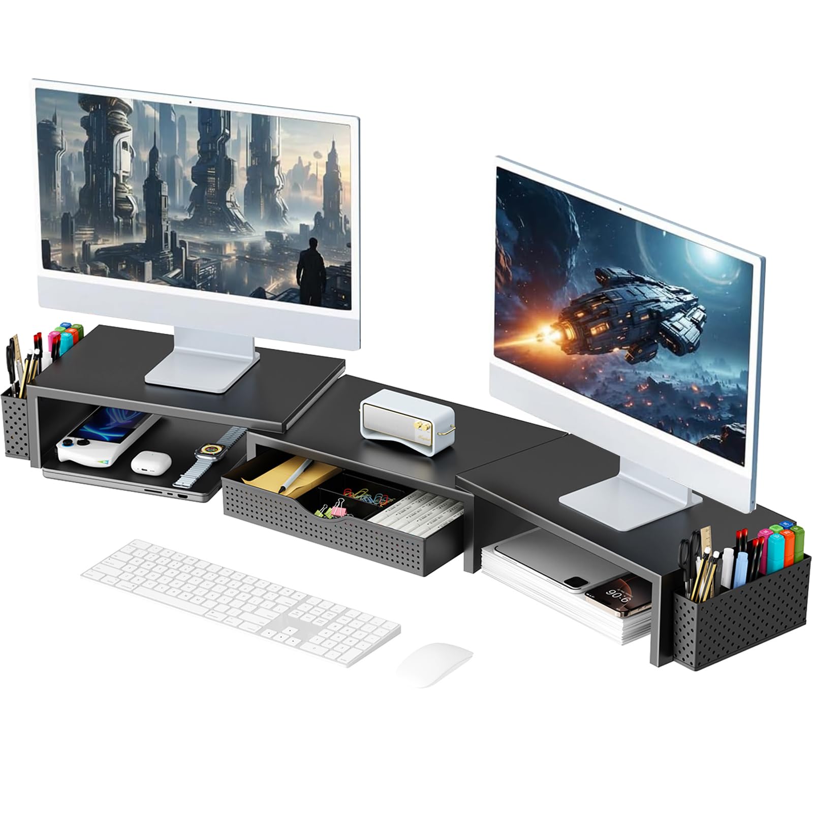 gianotter Dual Monitor Stand Riser, Desk Organizer With Drawer and 2 Pen Holders, Computer Monitor Stand, Shelf for Top of Desk, Black product image