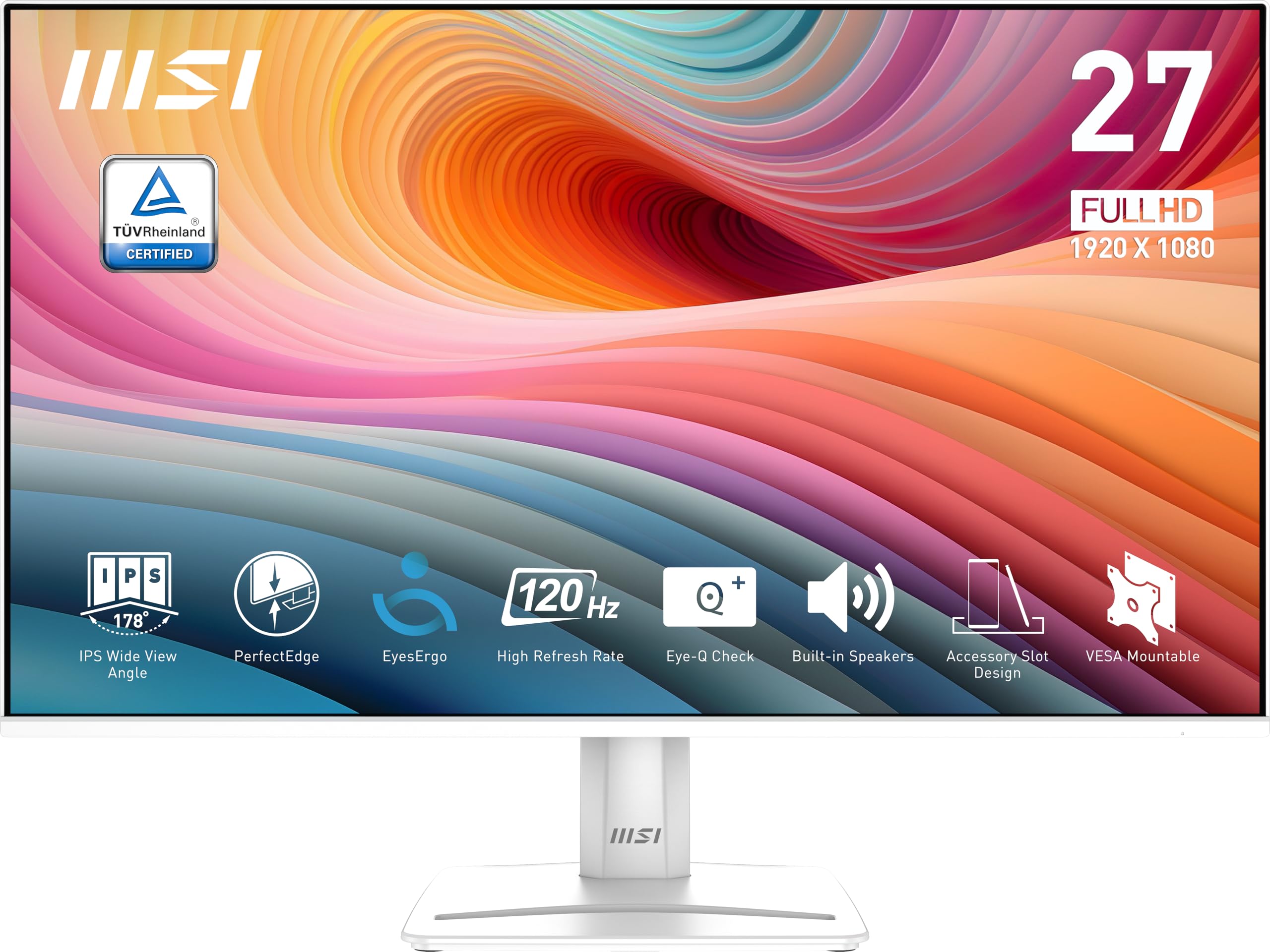 msi PRO MP275W E2 27-inch IPS 1920 x 1080 FHD Gaming Office Monitor, 120Hz, Free-Sync, HDMI, DisplayPort, VGA Port, VESA Mountable, Tilt, Speaker, 4-Side Slim Bezel 1ms, White product image