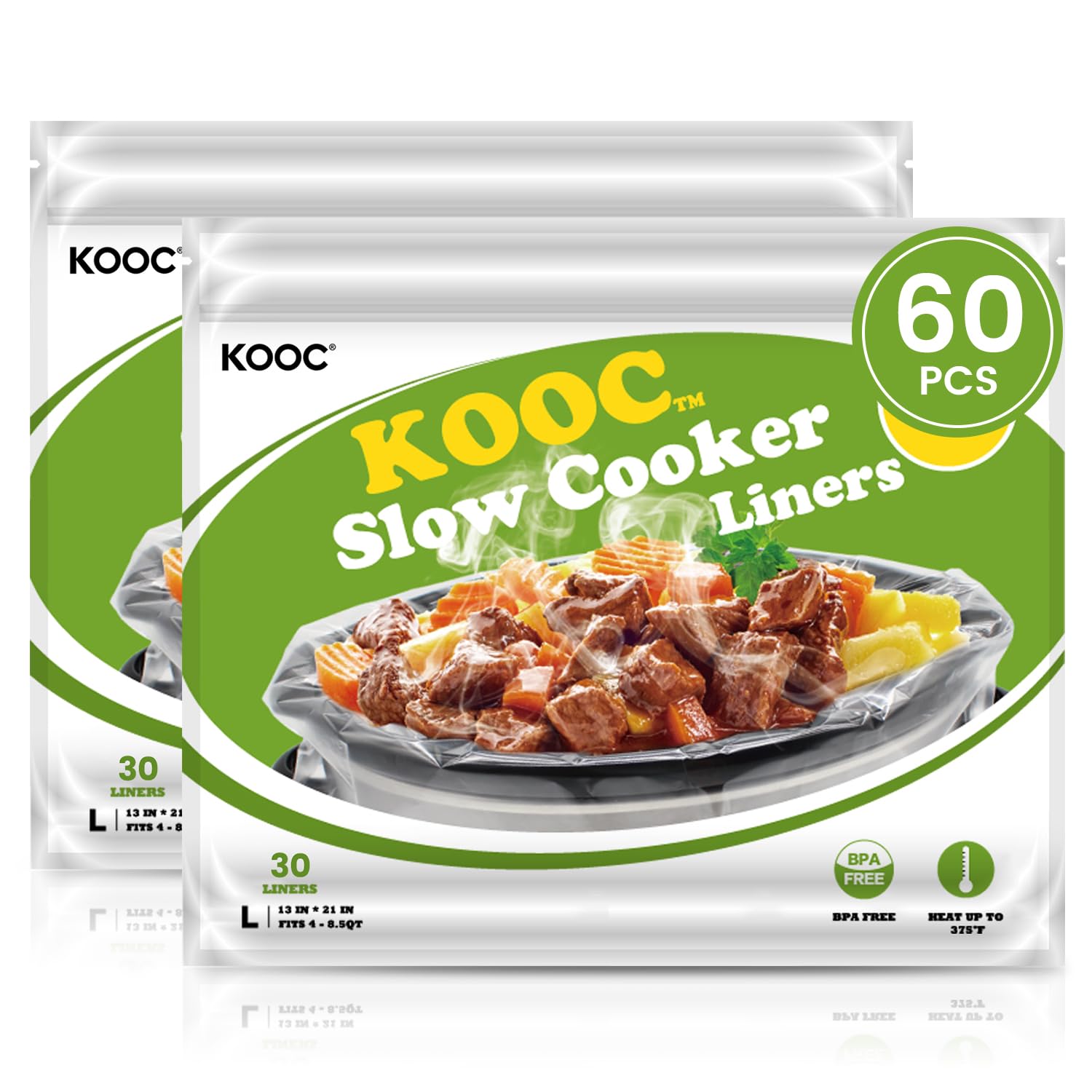 KOOC Slow Cooker Liners 13x21 inch 60 Count Large Size Disposable Plastic Bags Pot Liners Cooking Bags Fit 3QT to 8.5QT Pot BPA Free product image