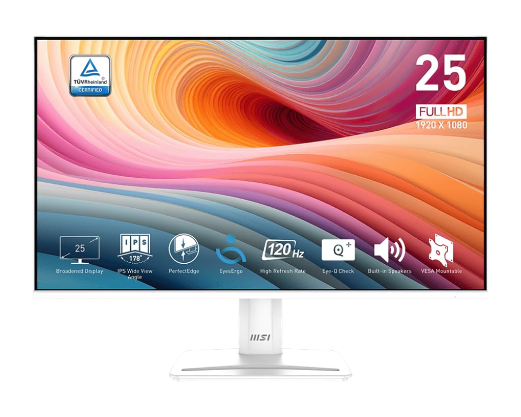 msi PRO MP251W E2 24.5-inch IPS 1920 x 1080 FHD Gaming Office Monitor, 120Hz, Adaptive-Synch, HDR Ready, HDMI, VGA Port, Display Port,VESA Mountable, Tilt, Speaker, 4-Side Slim Bezel,1ms, White product image