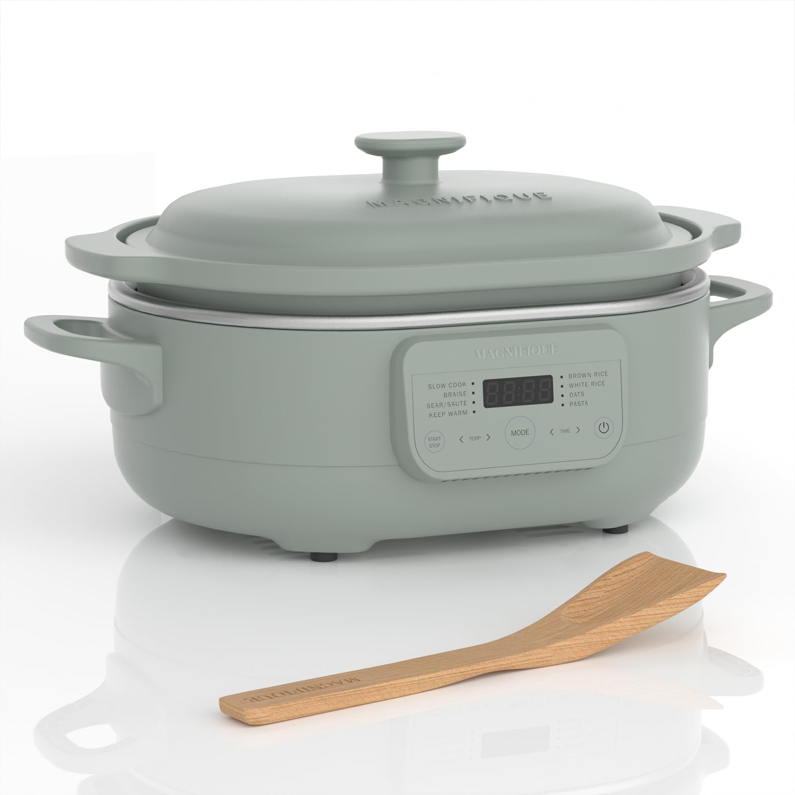 MAGNIFIQUE 4 Quart Programmable Casserole Slow Cooker, 8-in-1 Multi Cooker with Removable Non-Toxic Stoneware Crock, Claypot Slow Cooker, Rice-cooking, Nonstick, Oven Safe Pot to 450°F, Olive product image