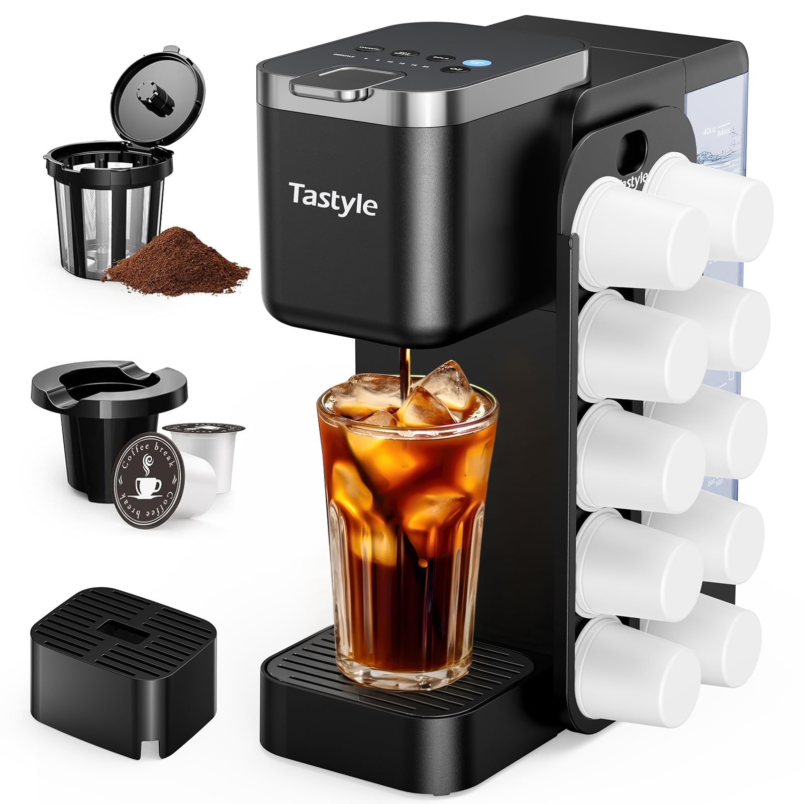 Hot & Iced Coffee Maker with Magnetic K-Pod Organizer Pods Not Included, Stores 10 Pods, 4-5 Cups Coffee Maker & Single-serve Brewer for K Cup & Grounds, 40oz Removable Water Tank, Black product image