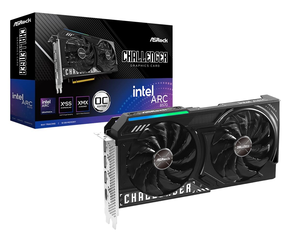 ASRock Intel Arc B570 Challenger 10GB OC GDDR6 Graphics Card, 2600 MHz GPU, 19 Gbps Memory, Dual Fan, Metal Backplate, HDMI 2.1a, DisplayPort 2.1, 0dB Cooling product image
