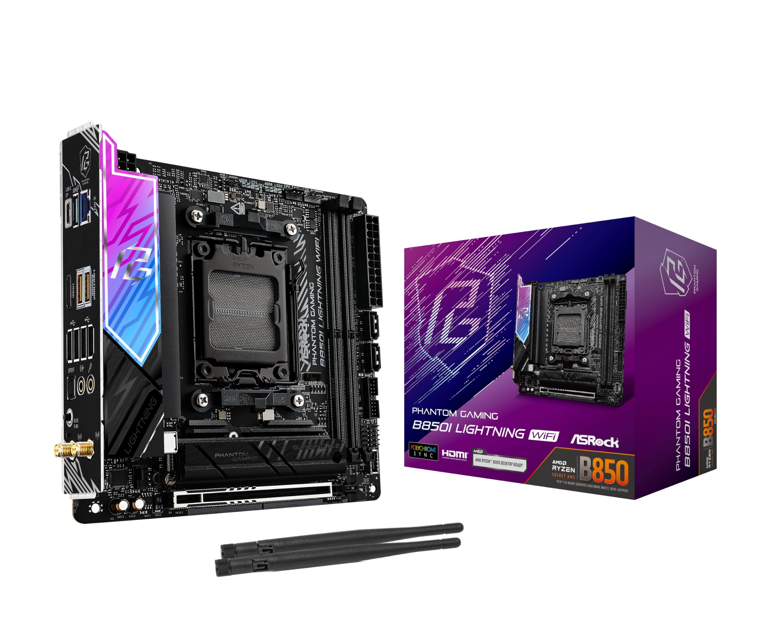 ASRock AMD B850i Lightning WiFi 6E Socket AM5 Ryzen 9000/8000/7000 Series DDR5 8200+ OC MHz 128GB Mini ITX Motherboard M.2 SATA3 6.0 Gb/s PCIe 5.0 B850 BIOS Flashback product image