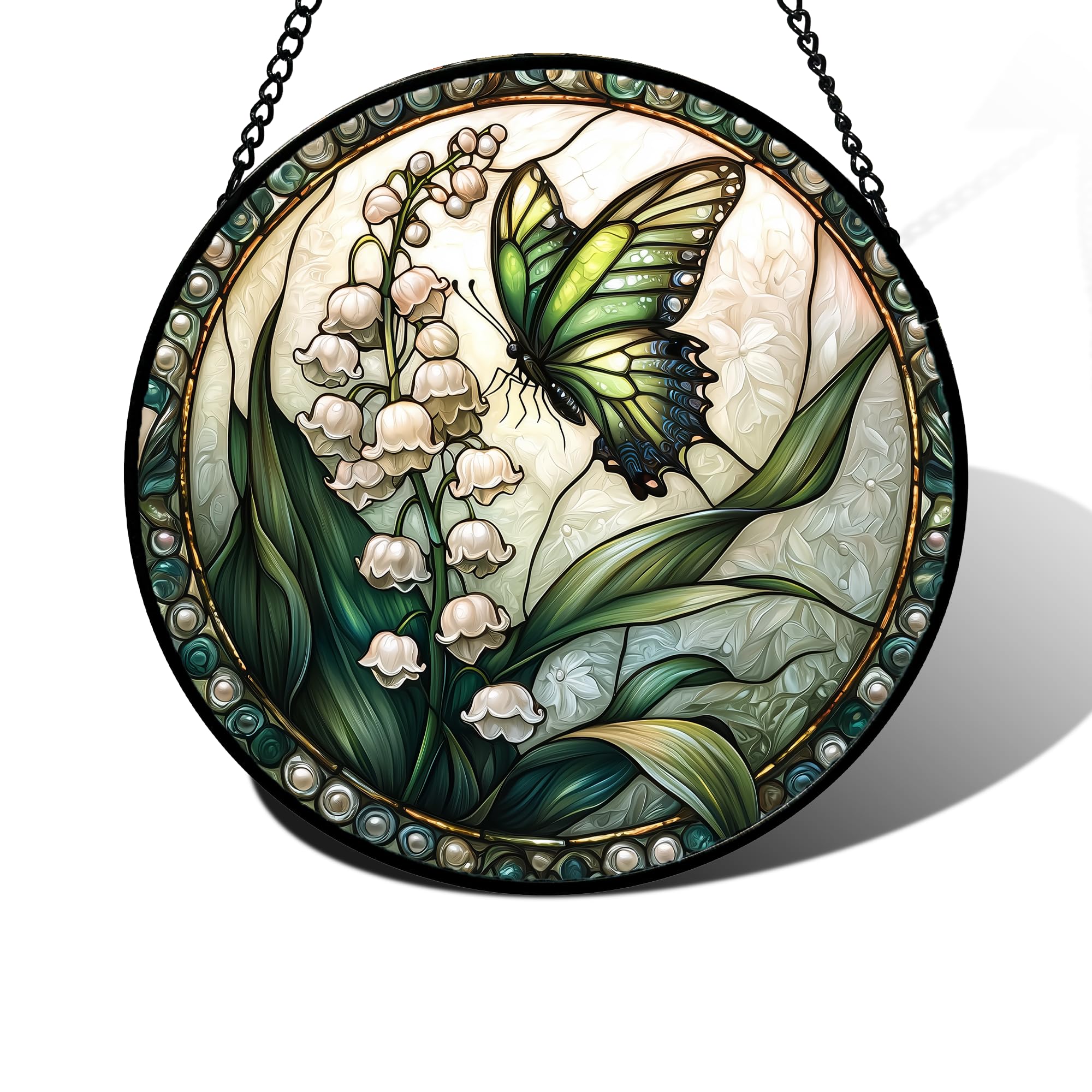 DASTOLL Stained Glass Window Hanging, Lily of the Valley Flower Butterfly Suncatcher for Doors Home Sun Catchers Decoration and Christmas, Mother&rsquo;s Day Birthday Gifts for Women, Men, Mom 7.8 in product image