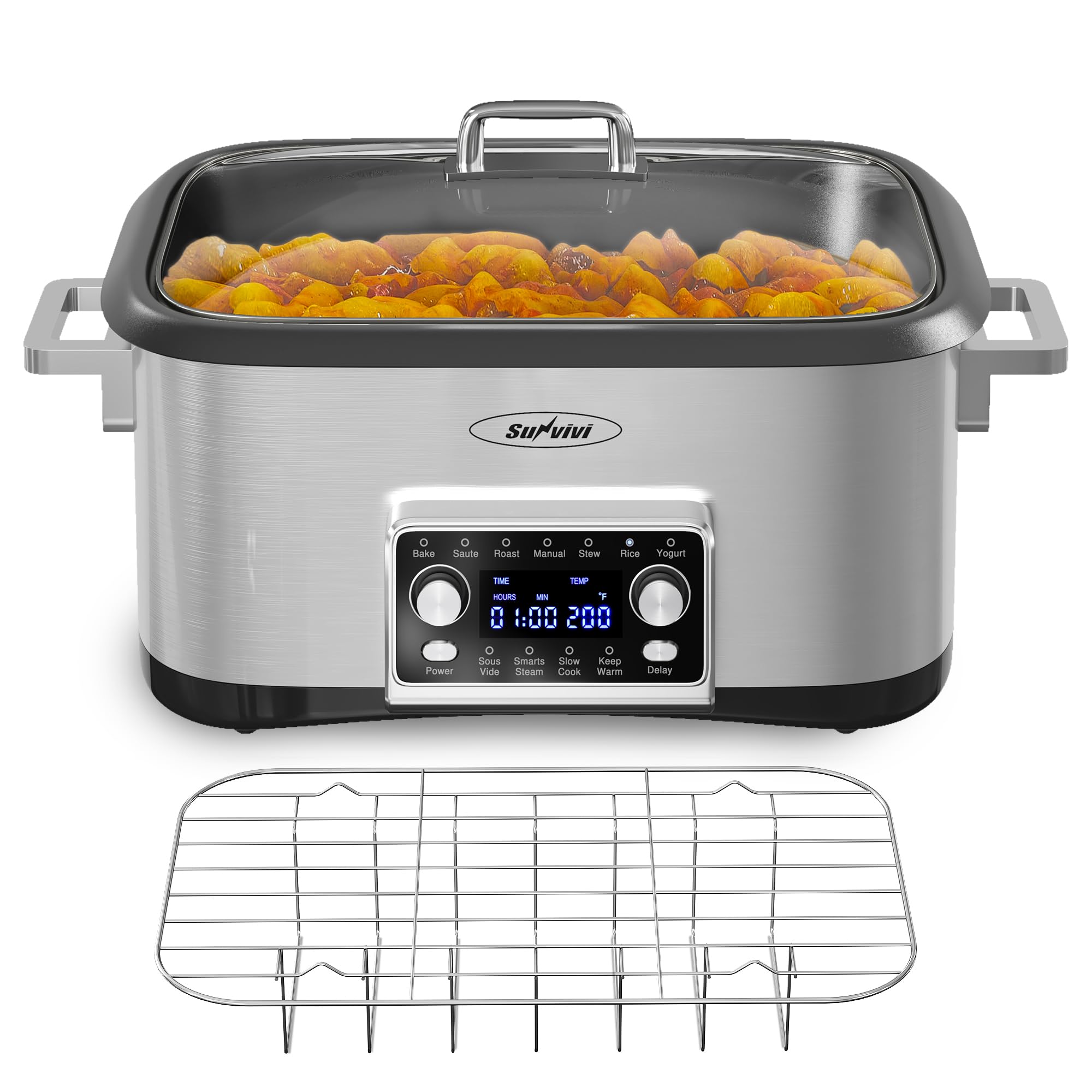 12 in 1 Programmable 8 Quart Slow Cooker, Multi-Cooker Food Warmer with Digital Timer, Temp Control, Removable Cast Aluminum Pot & Dishwasher-Safe Tempered Glass Lid, Stainless Steel product image