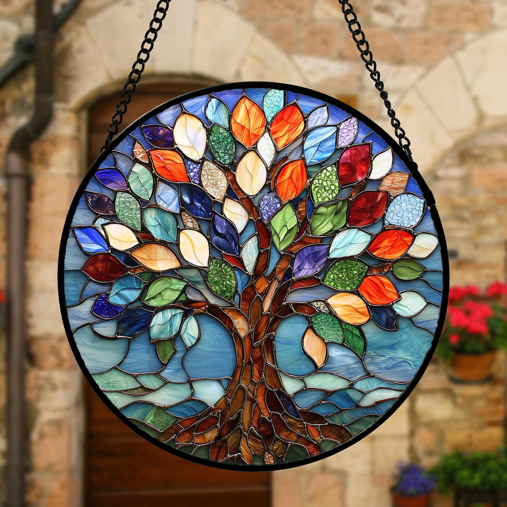 DASTOLL Stained Glass Window Hanging, Colorful Tree of Life Sun Catchers Glass Panel Blue Suncatcher Decor for Birthday for Women, Men, Wife, Aunt, and Mom 7.8 in product image