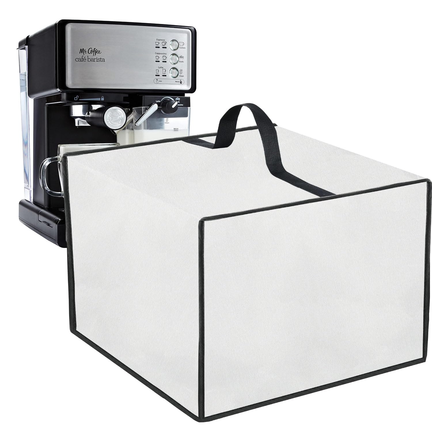 Dust Cover for Espresso Machine 600D Nylon Reusable Protective Cover with Handle, Waterproof Heat-Resistant Anti-Scratch Heavy Duty Thickened Cover for Mr. Coffee Espresso Machine Silver product image