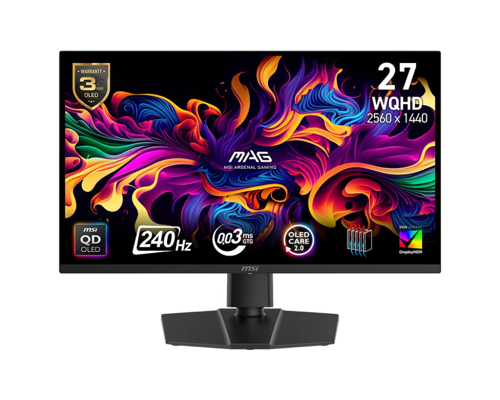 msi MAG 271QP QD-OLED X24 27-inch 2560 x 1440 QHD Gaming Monitor, 240Hz, Adaptive-Sync, HDMI, DisplayPort, VESA Mountable, Tilt, Height Adjustable, Speaker, 0.03ms, Black product image