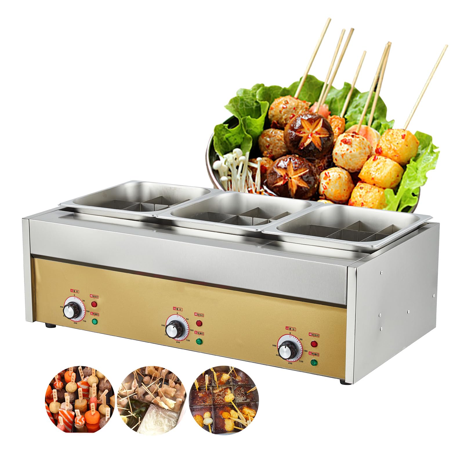 Stainless Steel 27-Compartment Oden Cooker, Triple Cylinder, 110V 3.6KW, 16A Plug, 32.67x16.93x10.24inch, Commercial & Home Use, Japanese Fish Cake Soup Warmer, Food Warmer product image