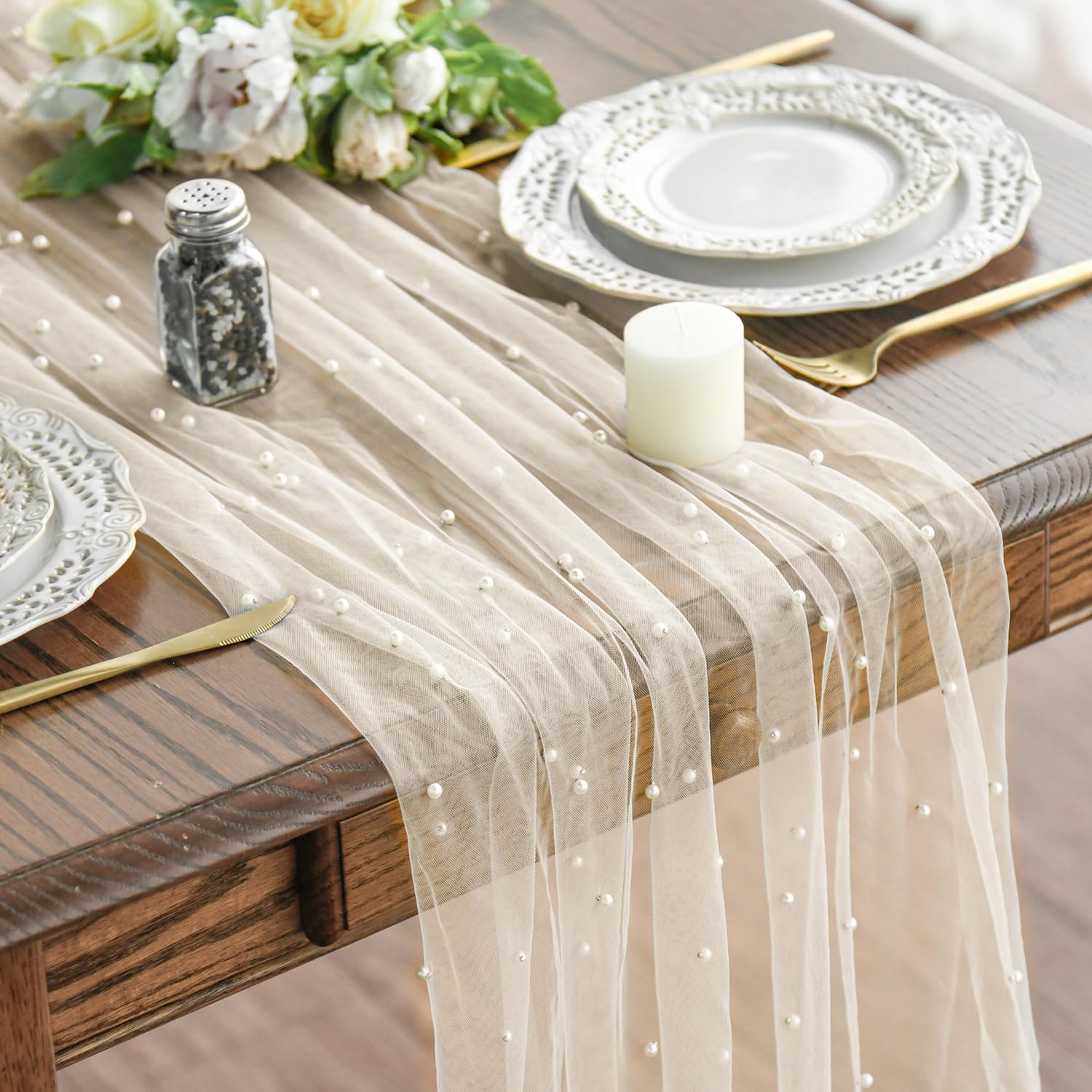 Artoid Mode Pearl Beige Gauze Table Runner 120 Inch 10FT, Seasonal Sheer Dining Holiday Wedding Birthday Baby Shower Table Decor for Home Party product image