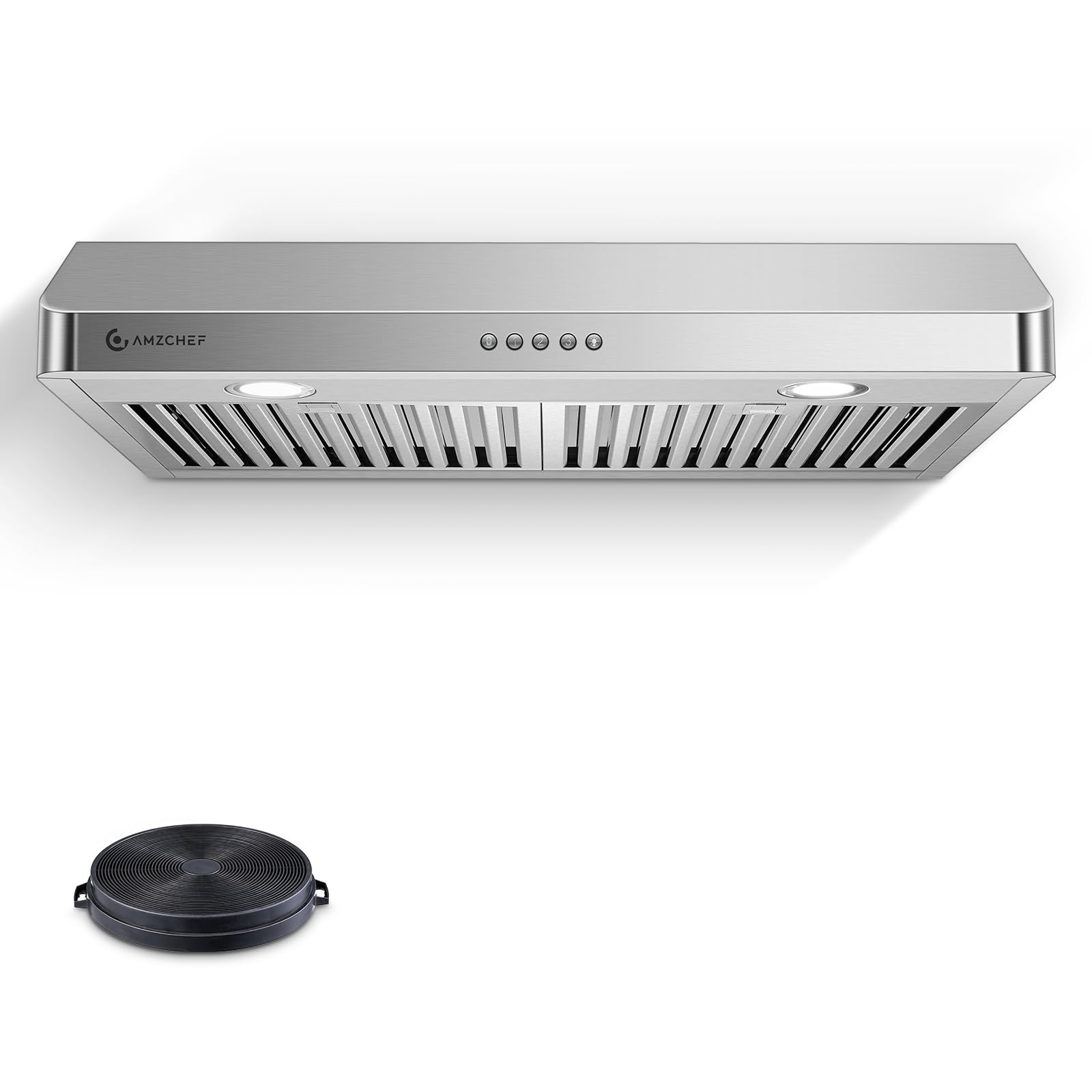 AMZCHEF Under Cabinet Range Hood 30 Inch, 750CFM Stainless Steel Kitchen Stove Vent Hood 3 Speed Exhaust Fan Button Control LED lights Dishwasher-Safe Baffle Filters Three Outlet Design product image