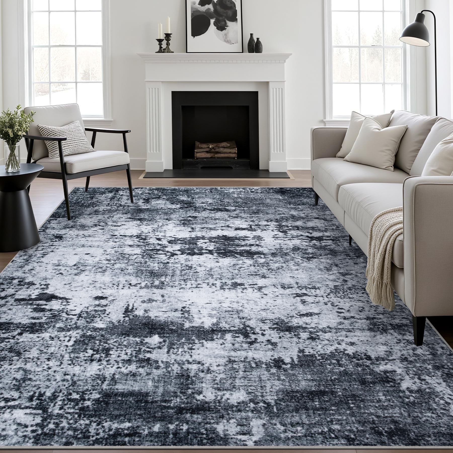 8x10 Area Rug Living Room Rug: Washable Modern Abstract Soft Thin Rug Indoor Floor No Slip Stain Resistant Carpet for Bedroom Dining Room Farmhouse Nursery Home Office - Black product image