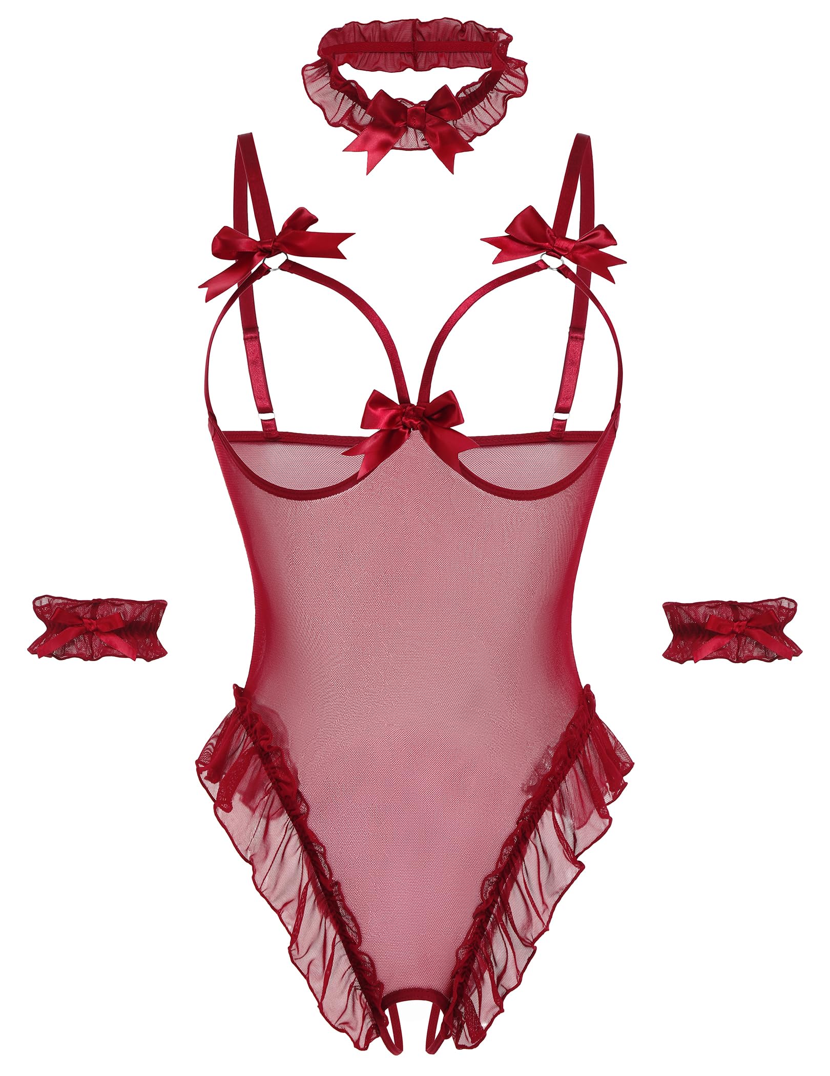 Avidlove Womens Lingerie Bodysuit 4 Piece Set Sheer Mesh Teddy Babydoll with Detachable Collar and Wrist Cuffs product image