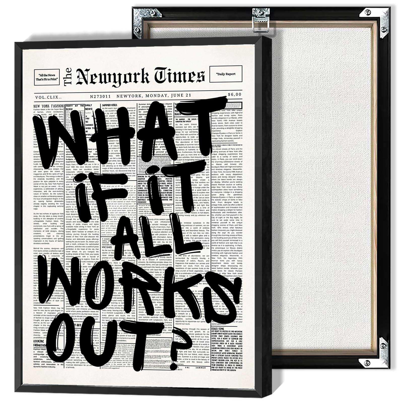 Retro Black And White Newspaper Poster What If It All Works Out Canvas Wall Art Positive Affirming Quote Minimalist Prints Painting For Home Bedroom Dorm Wall Decor 16x24in Framed product image