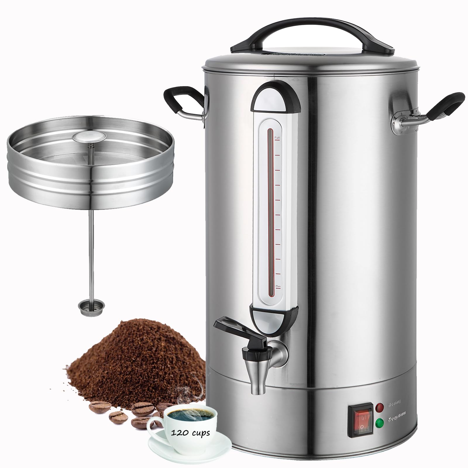 Commercial Coffee Urn, 120 Cup Large Coffee Maker for Catering & Events, 20L Stainless Steel Percolator, 1300W Fast Brew Hot Water Dispenser with Double Wall Insulation, Silver product image