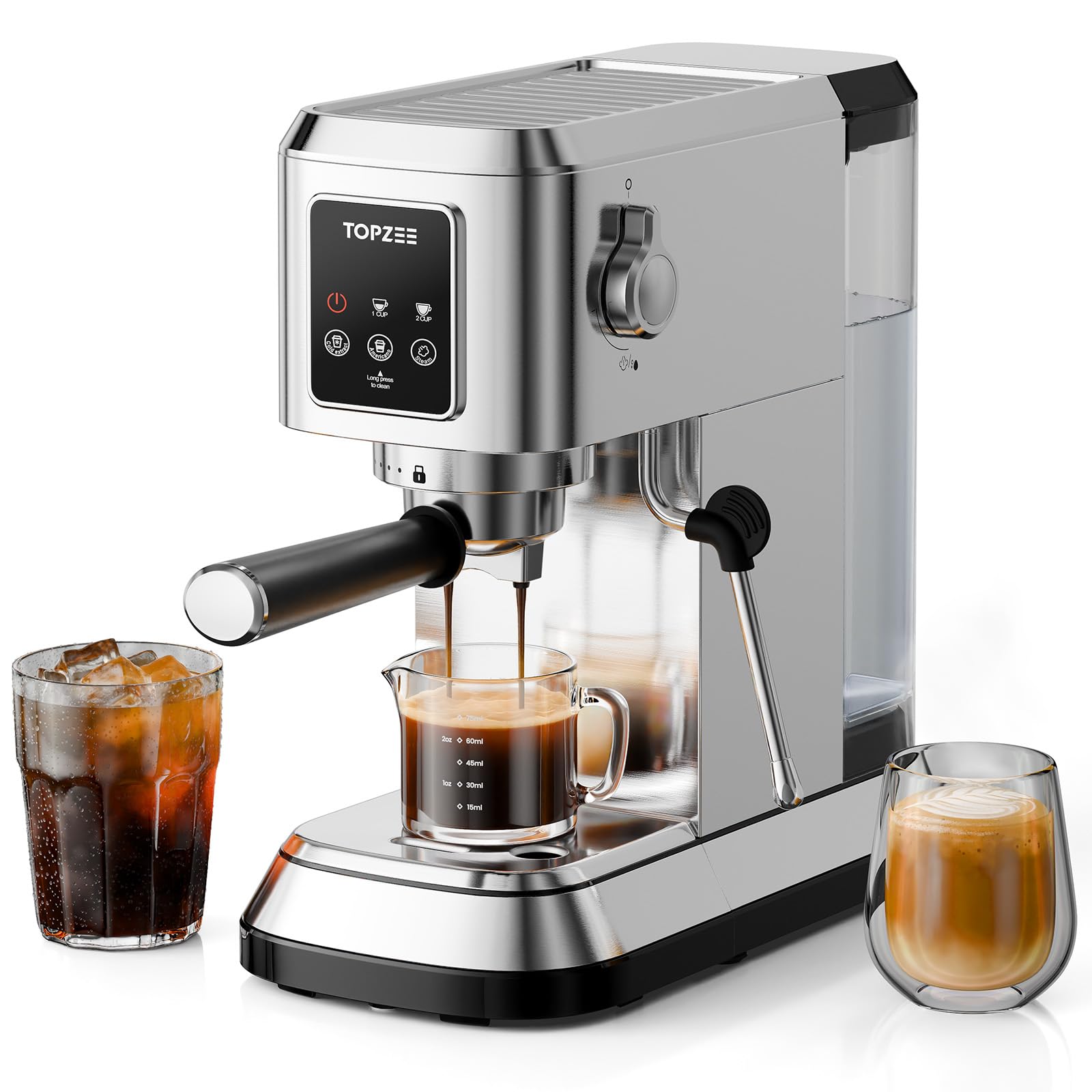 topzee Espresso Machine 20 Bar, Compact Coffee Maker with Milk Frother & Cold Brew Function, 52oz Removable Water Tank, Stainless Steel Cappuccino, Latte Maker, Silver product image