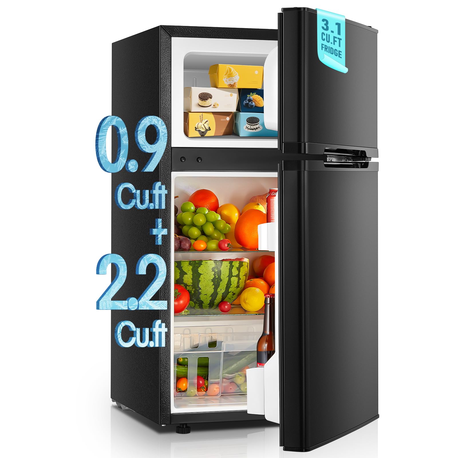 Mini Fridge with Freezer for Bedroom, 3.1 Cu.ft Double Doors Small Refrigerator with Ice Tray, Removable Shelves, Temperature Control Mini Refrigerator for Dorm and Office product image
