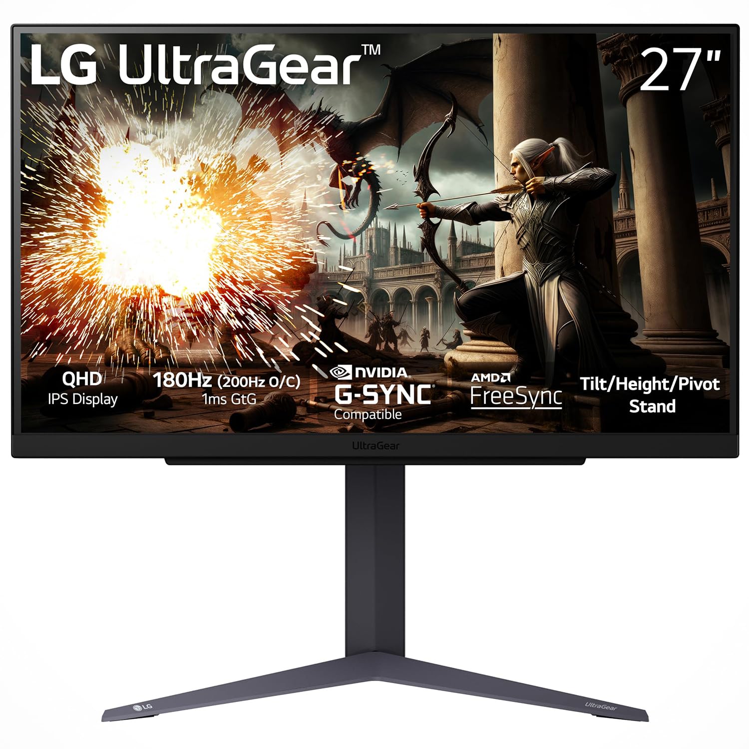 LG 27GS75QX-B 27-inch Ultragear QHD 2560x1440 Gaming Monitor, 180Hz O/C 200Hz, 1ms, IPS, NVIDIA G-SYNC Compatible, AMD FreeSync, HDR10, Tilt/Height/Pivot Stand, HDMI, DisplayPort, Black product image
