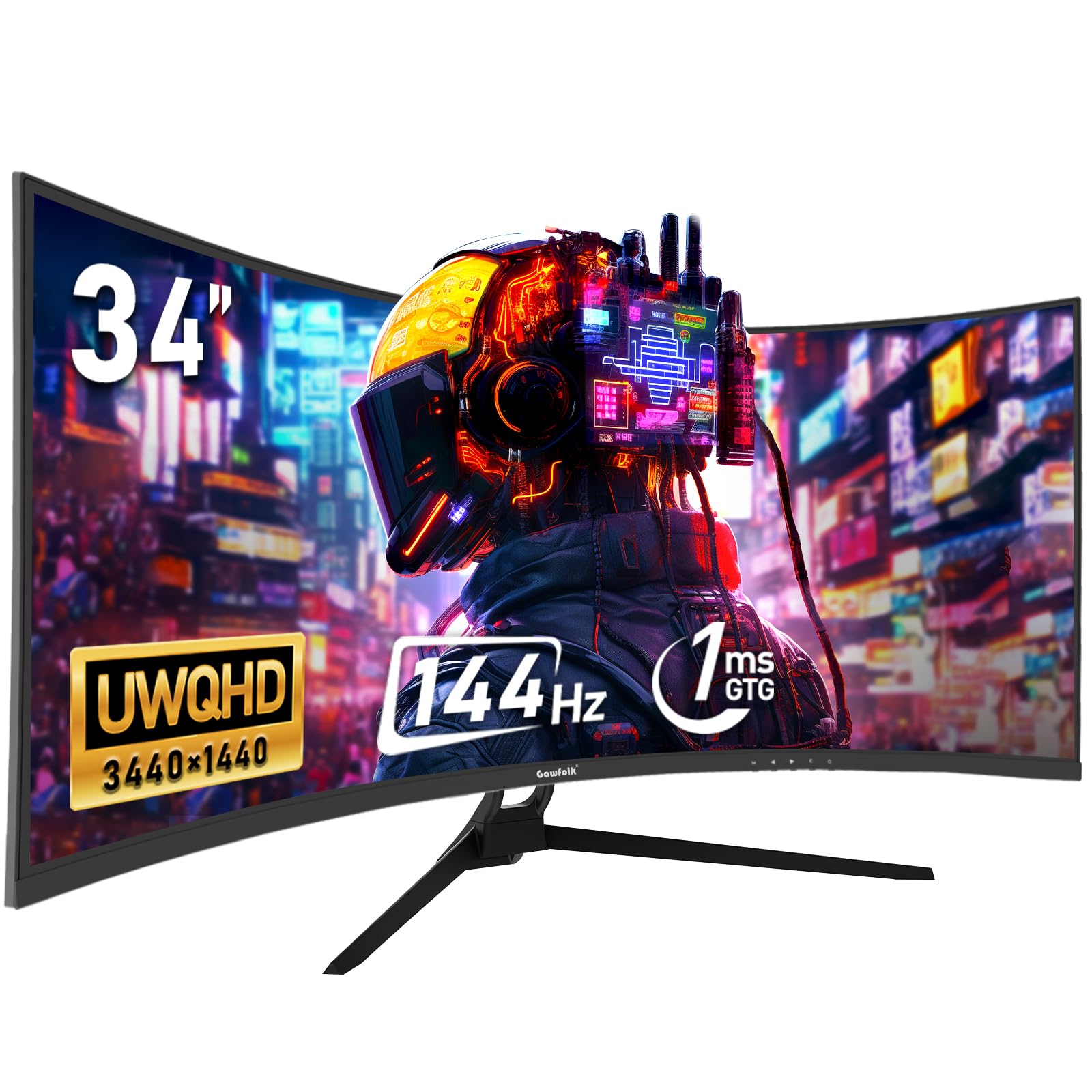 Gawfolk 34 Inch Ultrawide Curved 144Hz Gaming Computer Monitor 1500R PC Screen 21:9 UWQHD 3440x1440,Adaptive Sync,178° Viewing Angle,Display Port 1.4、HDMI 2.0,Compatible with Wall mounting -Black product image