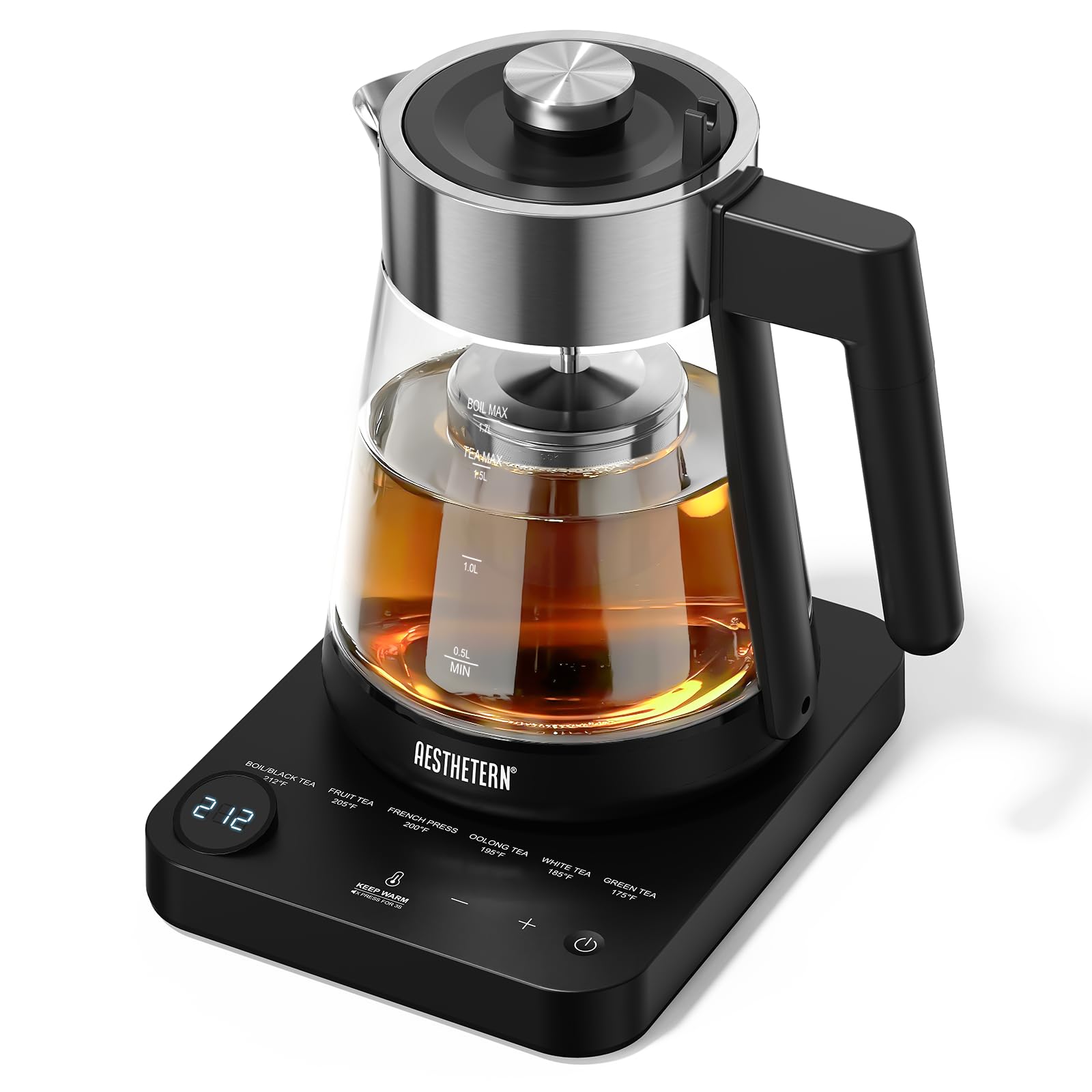 Electric Tea Kettle with Infuser 1.7L Glass Electric Kettle with Temperature Control Automatic Shut Off 12H Keep Warm for Tea Coffee Water Heater, Black product image