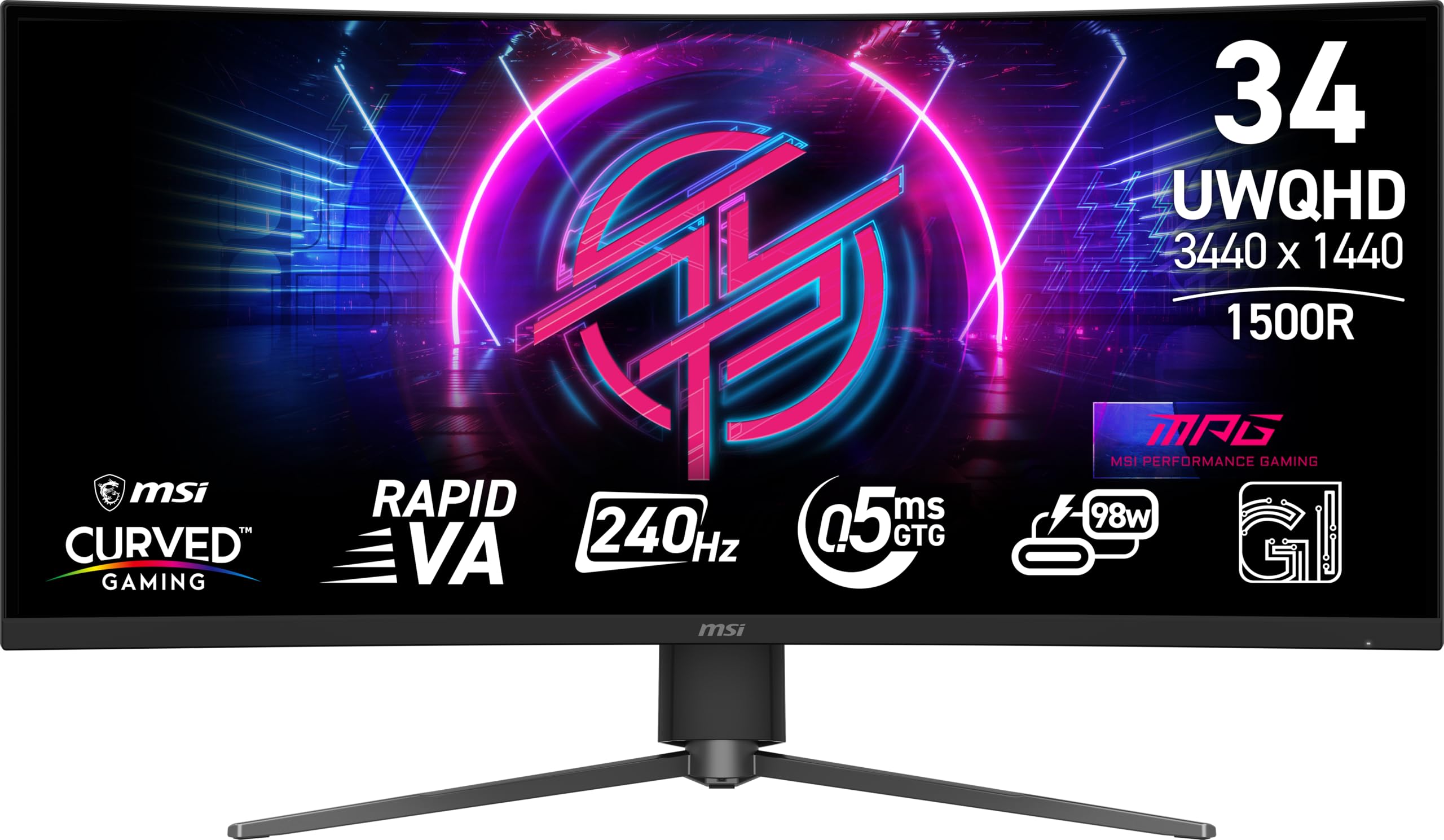 msi MPG 346CQRF X24 34-inch 3440 x 1440 UWQHD Gaming Monitor, 240Hz, Adaptive-Sync, HDR Ready, HDMI, VGA Port, VESA Mountable, Tilt, 4-Side Slim Bezel, 0.5ms, Black product image