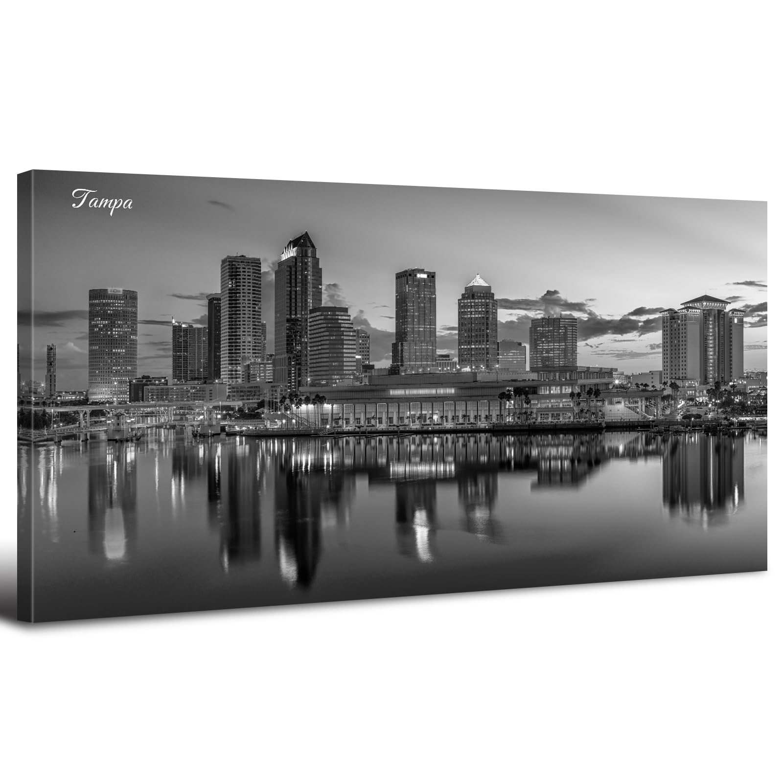 Tampa Skyline Wall Art Black and White City Canvas Prints Modern Cityscape Architecture Painting Poster Night Skyscraper Pictures Downtown Landscape Canvas Artwork for Living Room Home Decorations 20x40" product image