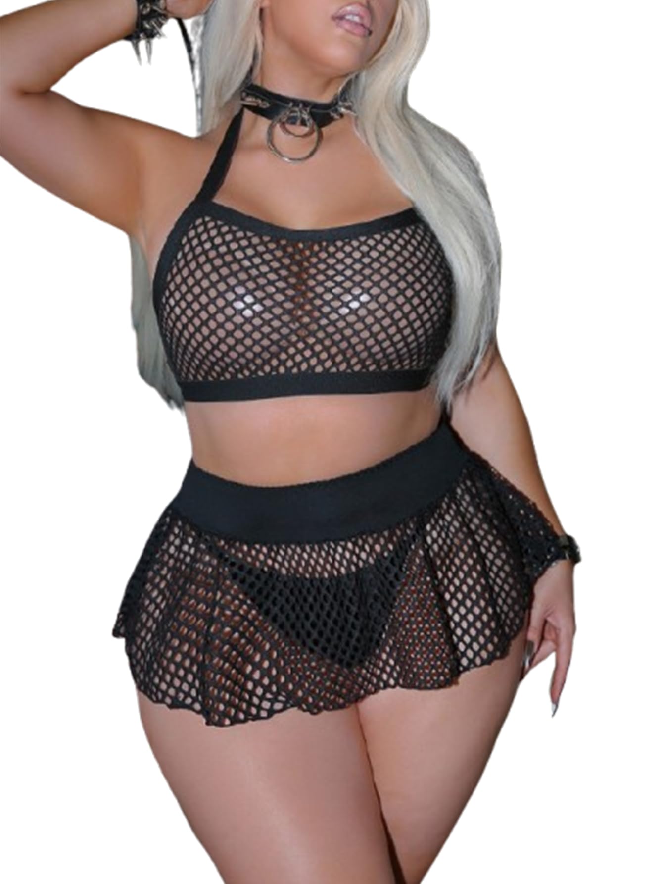 SOLY HUX Women&rsquo;s Plus Size Sexy Fishnet Mesh Lingerie Set Hollow Out Halter Bra and Thong Panty Sets with Skirts product image
