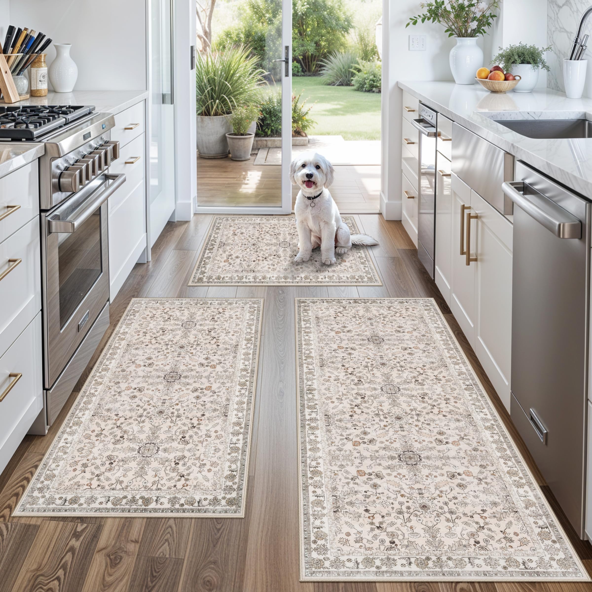 3-Piece Kitchen Rug Set of 3 with Runner – Non-Slip Washable Boho Kitchen Mats for Sink, Floor, Entryway & Hallway & Bathroom – Soft Small Throw Area Rugs, Home Decor Beige,2x3+2x4+2x5 product image