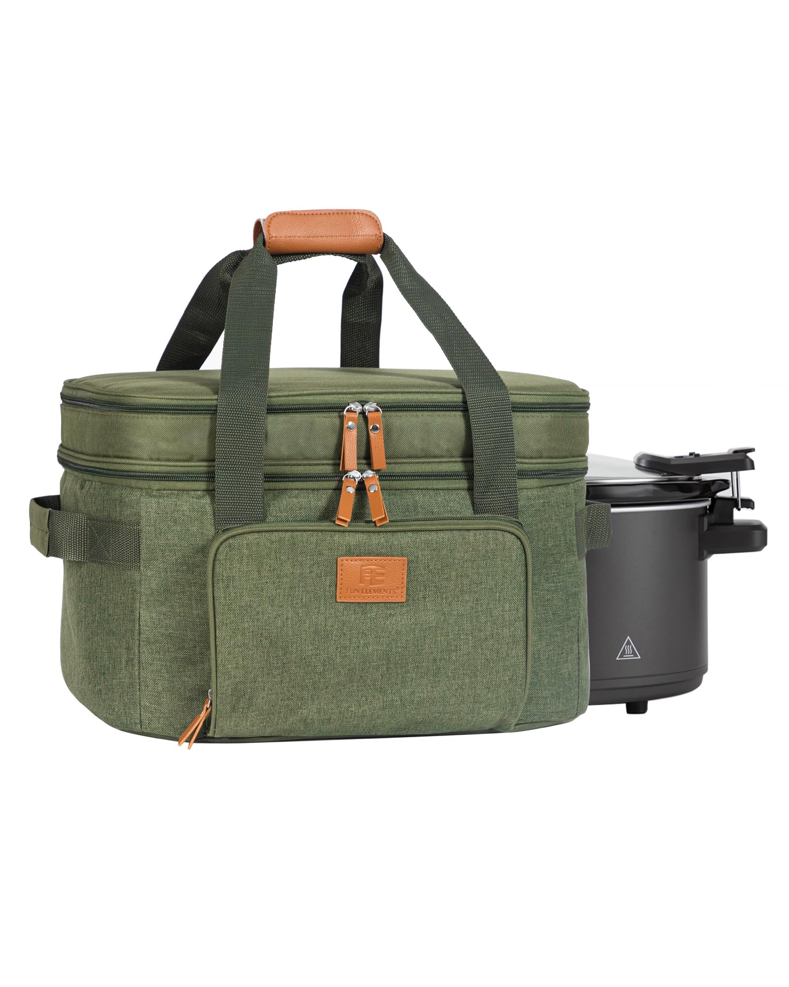 FUN ELEMENTS Double Layer Slow Cooker Carrying Bag for 6-8 Quart Oval CrockPot, Insulated Travel Carrier with Support Pad and Adjustable Straps, Top Zip Compartment and Front Pocket for Utensils,Green product image