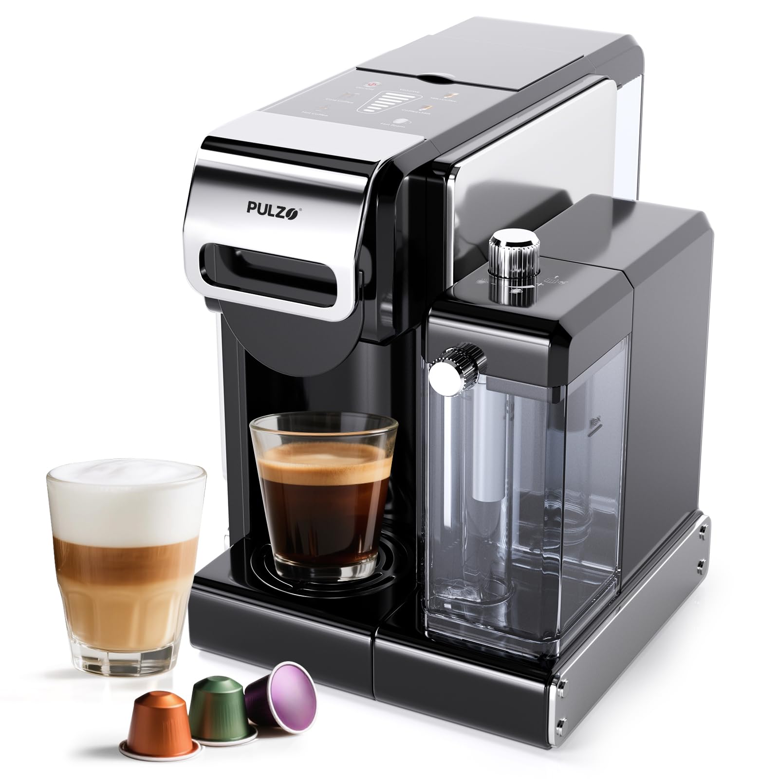 PULZO Espresso Machine with Integrated Automatic Milk Frother, capsule coffee maker for Kcup capsule/Nes Original/coffee powder, One Touch Latte & Cappuccino product image