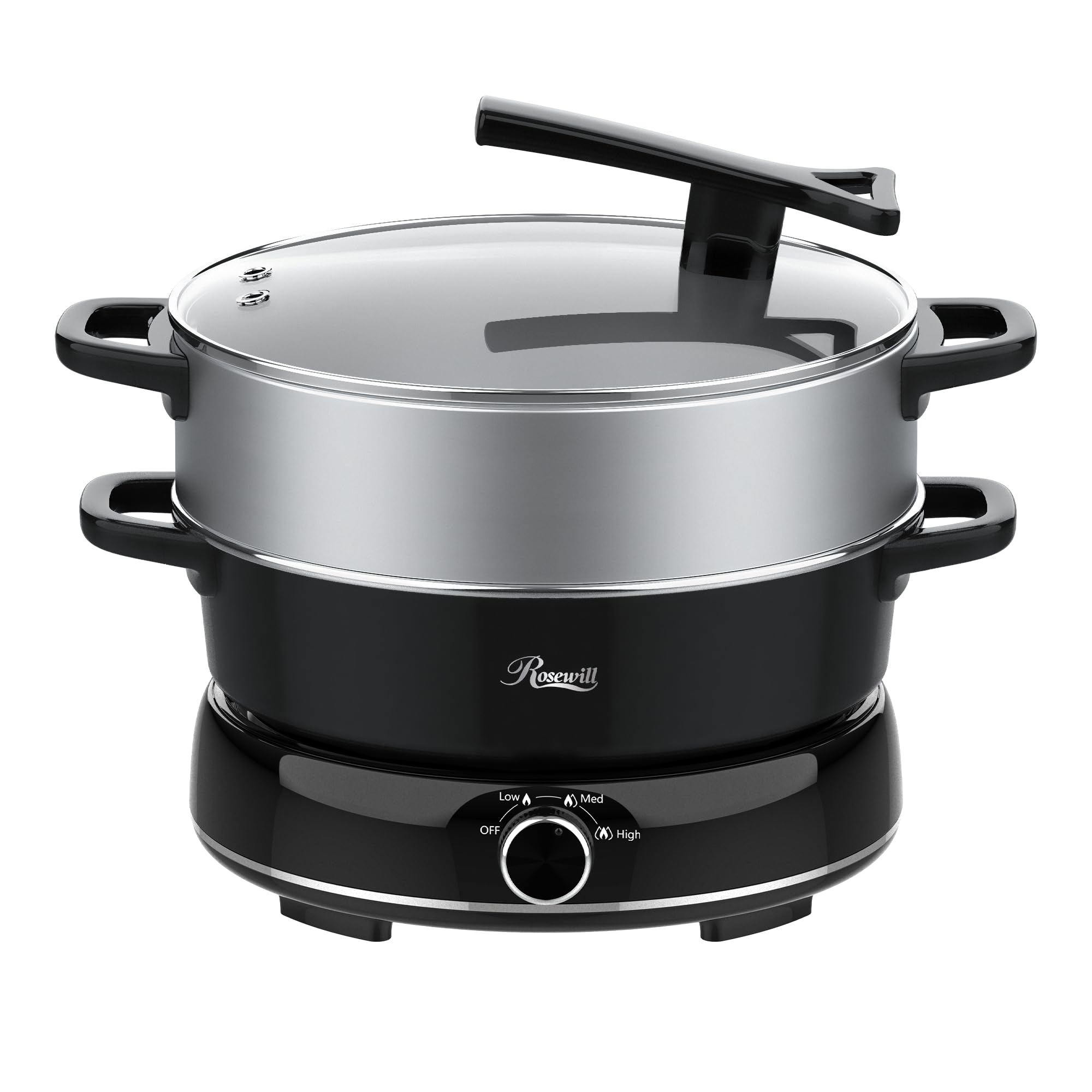 Rosewill 12.7 QT Electric Hot Pot Slow Cooker with Multiple Functions, Split Design with 11.8 inch Wider Cooking Pot and SUS Steam Basket, 1600W High Power, Includes Utensils - Black product image