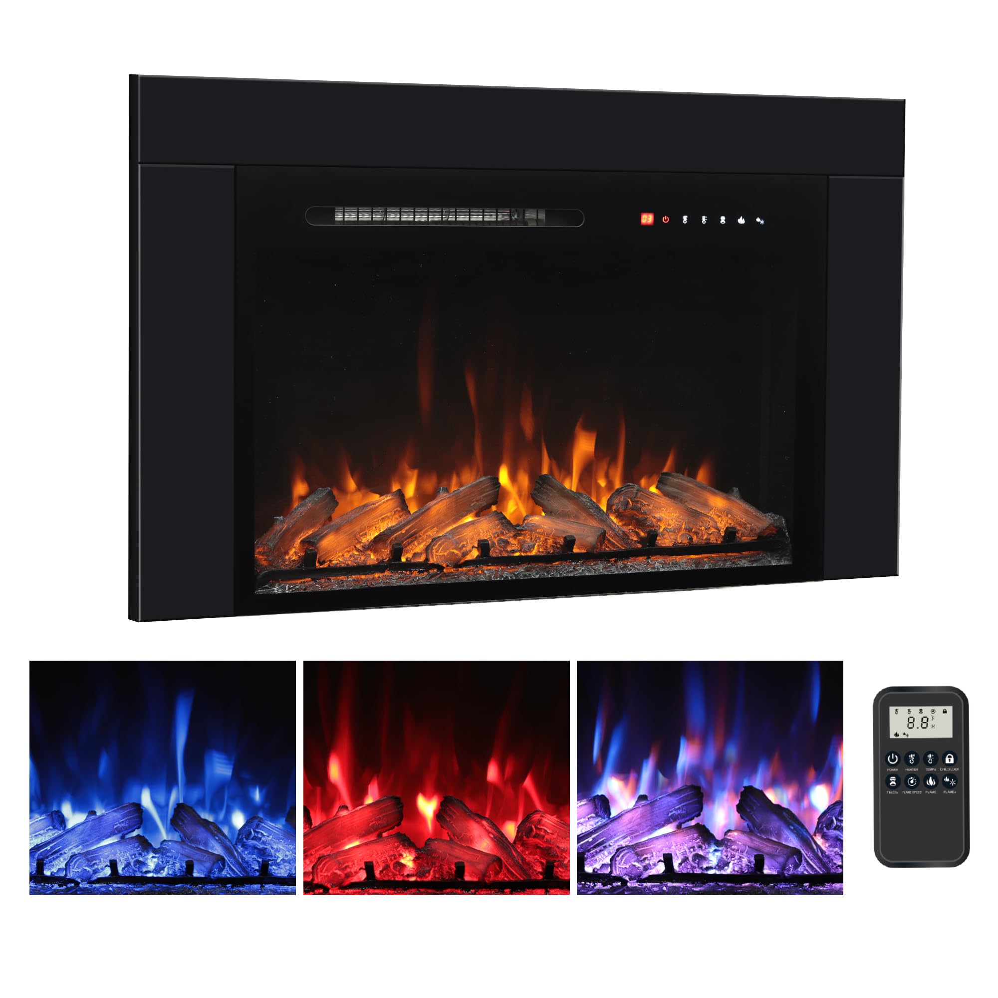 30 Inches Electric Fireplace Insert with Trim Kit, Wall Mounted & Recessed Electric Fireplace Inserts with 8 Flame Colors, Remote Control, 6 Levels Brightness, 9H Timer, Black, 1500W/750W product image