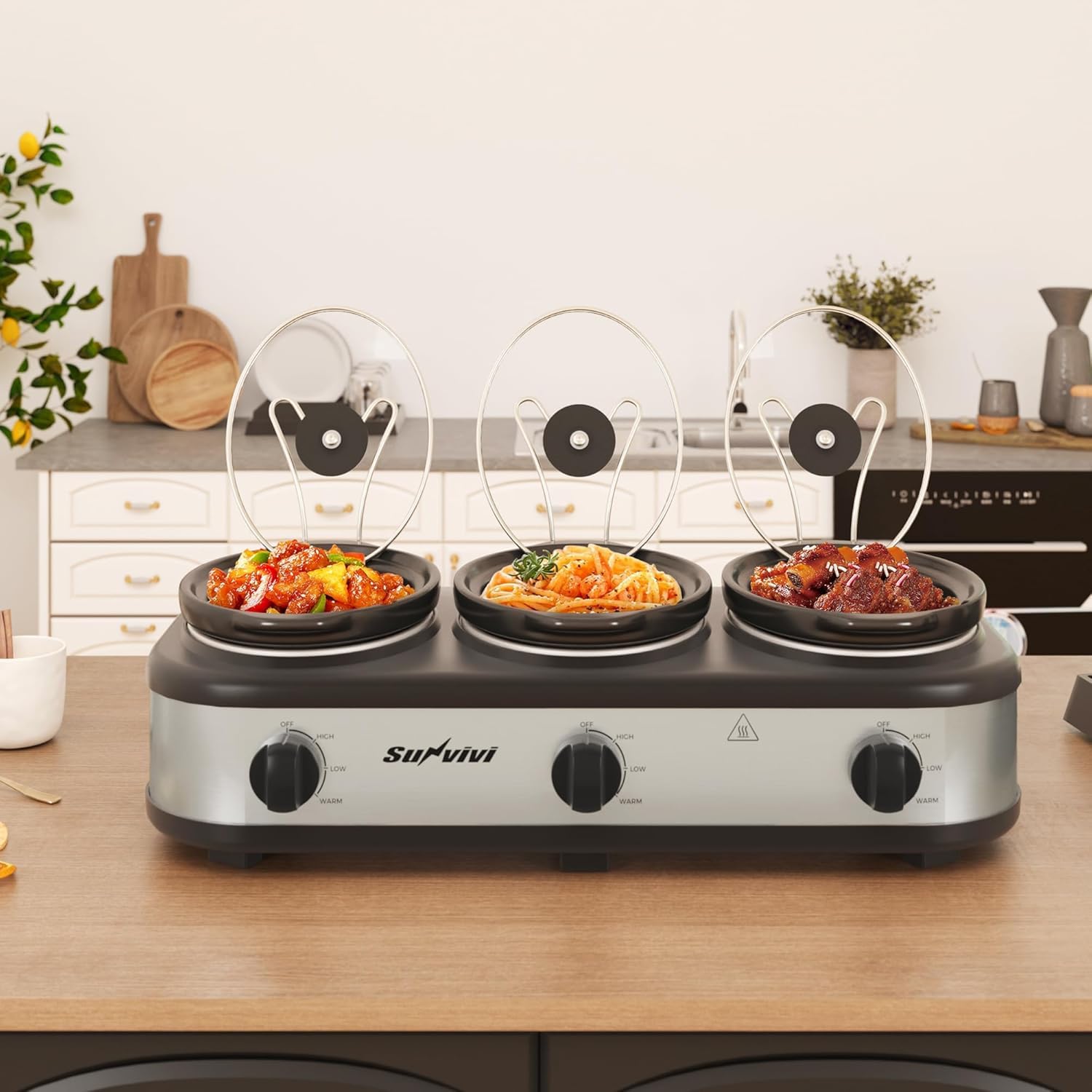 Triple Slow Cooker, Buffet Server and Food Warmer, Small Mini Pot with 3 Adjustable Temp & 3 Visible Glass Lids, for Parties, Holidays and Entertaining, Stainless Steel, 3 1.5 Quarts product image