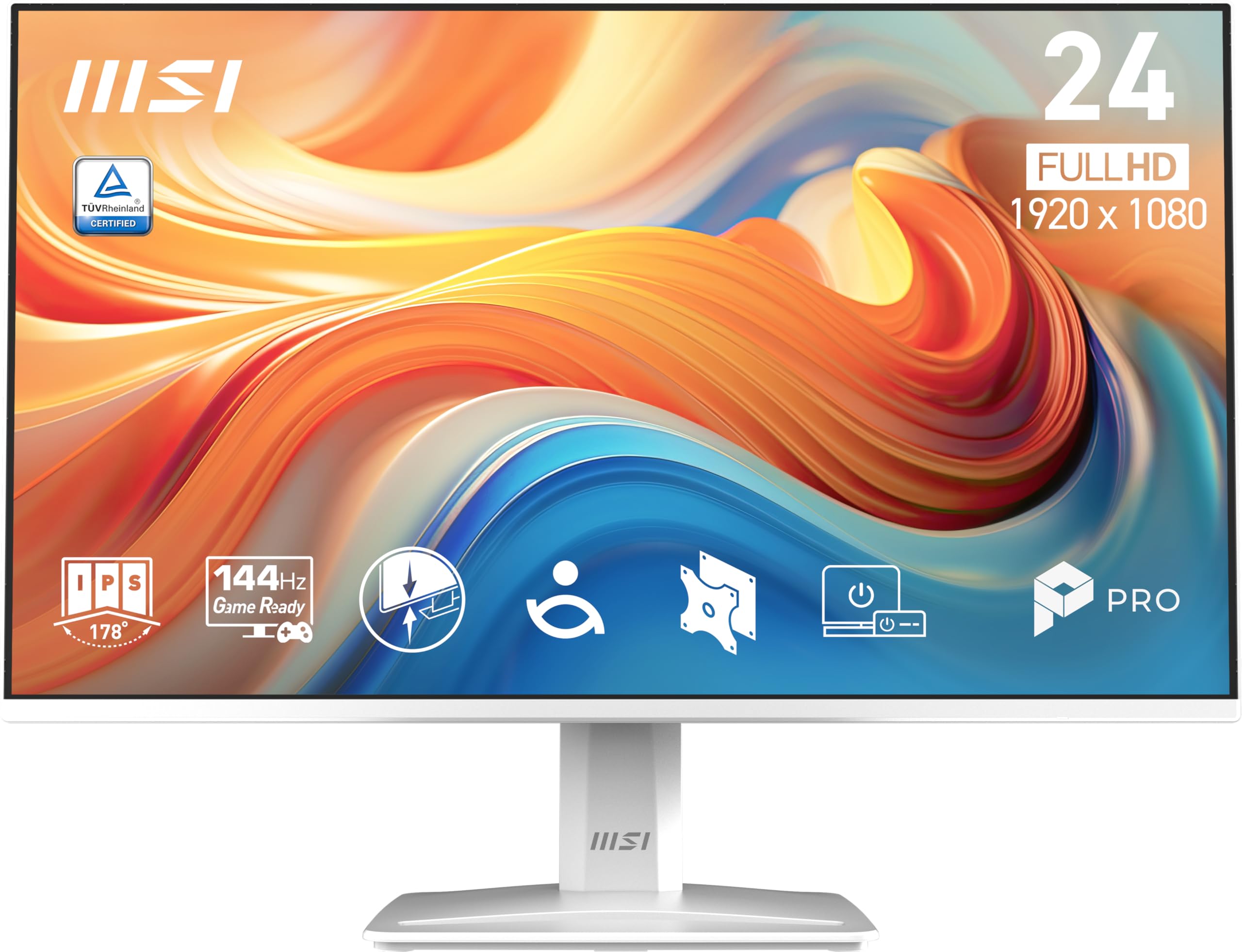 msi PRO MP243W E14 24-inch IPS 1920 x 1080 FHD Computer Monitor, 144Hz, Adaptive-Sync, HDR Ready, HDMI, Display Port, VESA Mountable, Tilt, 4-Side Slim Bezel, 1ms, White product image