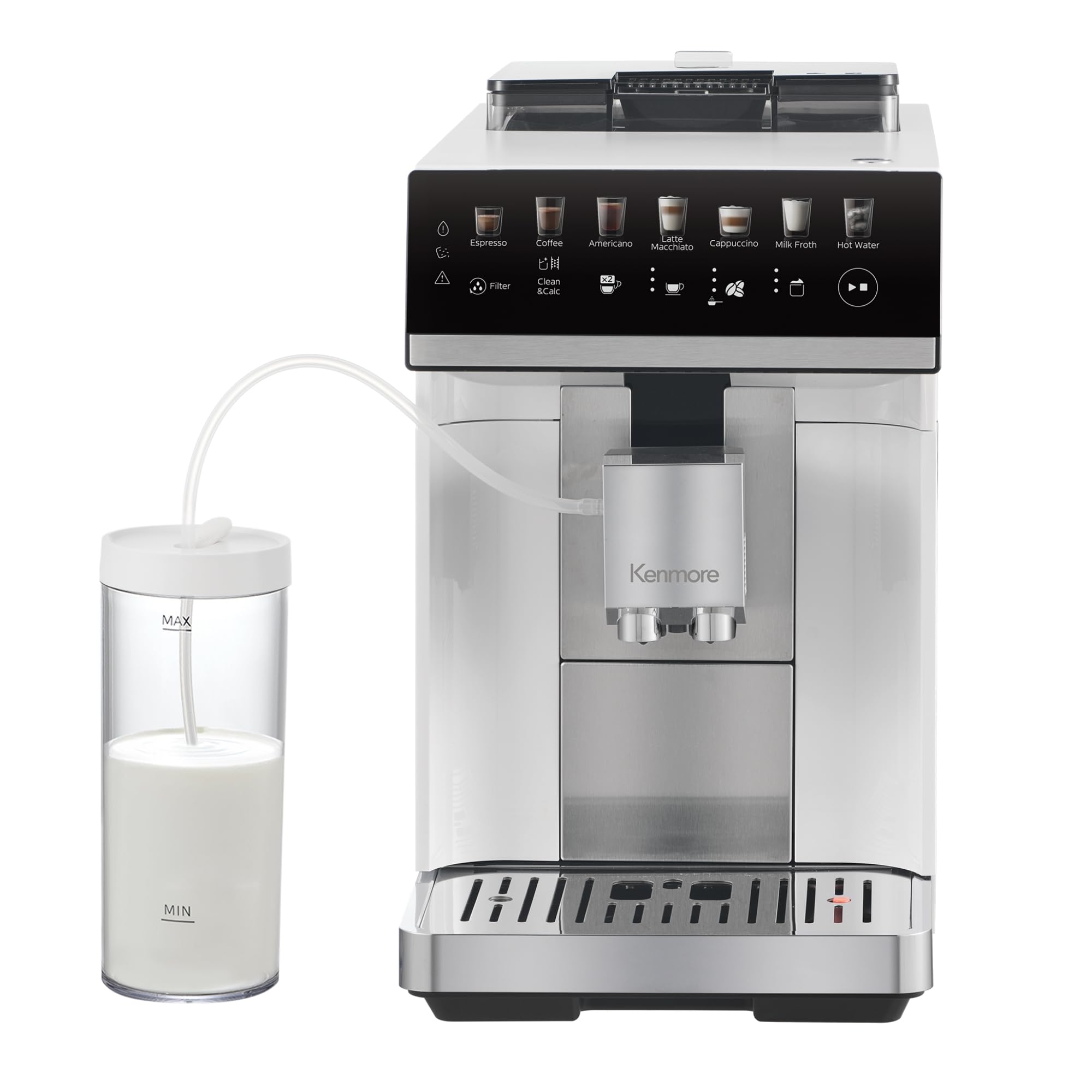Kenmore Fully Automatic Espresso Machine – Programmable Coffee Machine With Integrated Bean Grinder, Milk Steamer, Frother, Descaler, Barista Cappuccino, Latte, Americano Brewing System, White product image