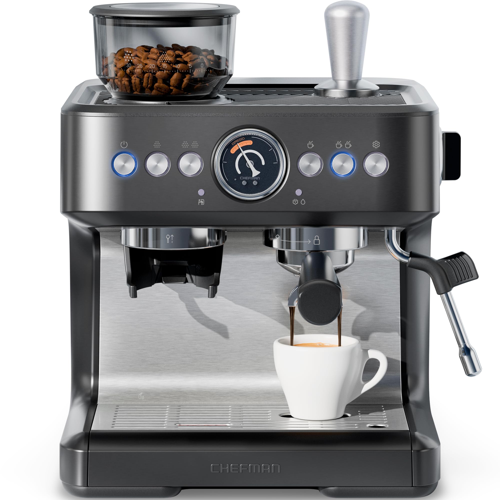 Chefman Crema Deluxe Espresso Machine with Double Boiler, Use Milk Frother and Brew Espresso Simultaneously, Professional Coffee Maker with Coffee Grinder and Steam Wand, 30 Grind Settings product image