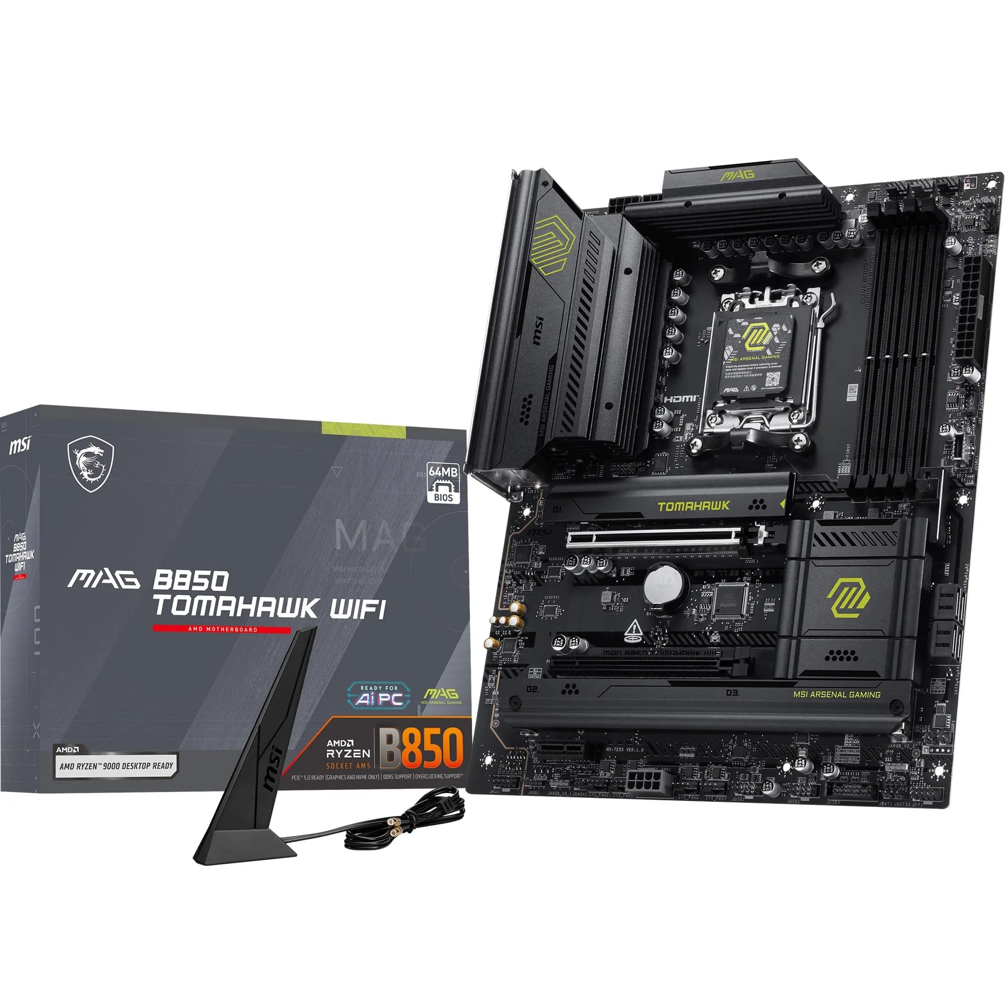 MSI MAG B850 Tomahawk WiFi Motherboard, ATX - Supports AMD Ryzen 9000/8000/7000 Processors, AM5-80A SPS VRM, DDR5 Memory Boost 8200+ MT/s OC, PCIe 5.0 x16, M.2 Gen5, Wi-Fi 7, 5G LAN product image