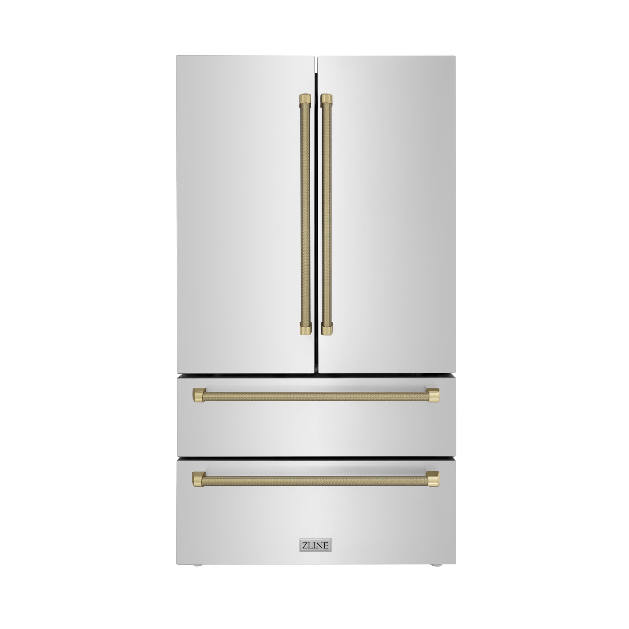 ZLINE Autograph Edition 36 in. 22.5 cu. ft. Counter-Depth French Door Refrigerator with Ice Maker in Fingerprint-Resistant Stainless Steel and Champagne Bronze Helix Handles RFMZ-36-KCB product image