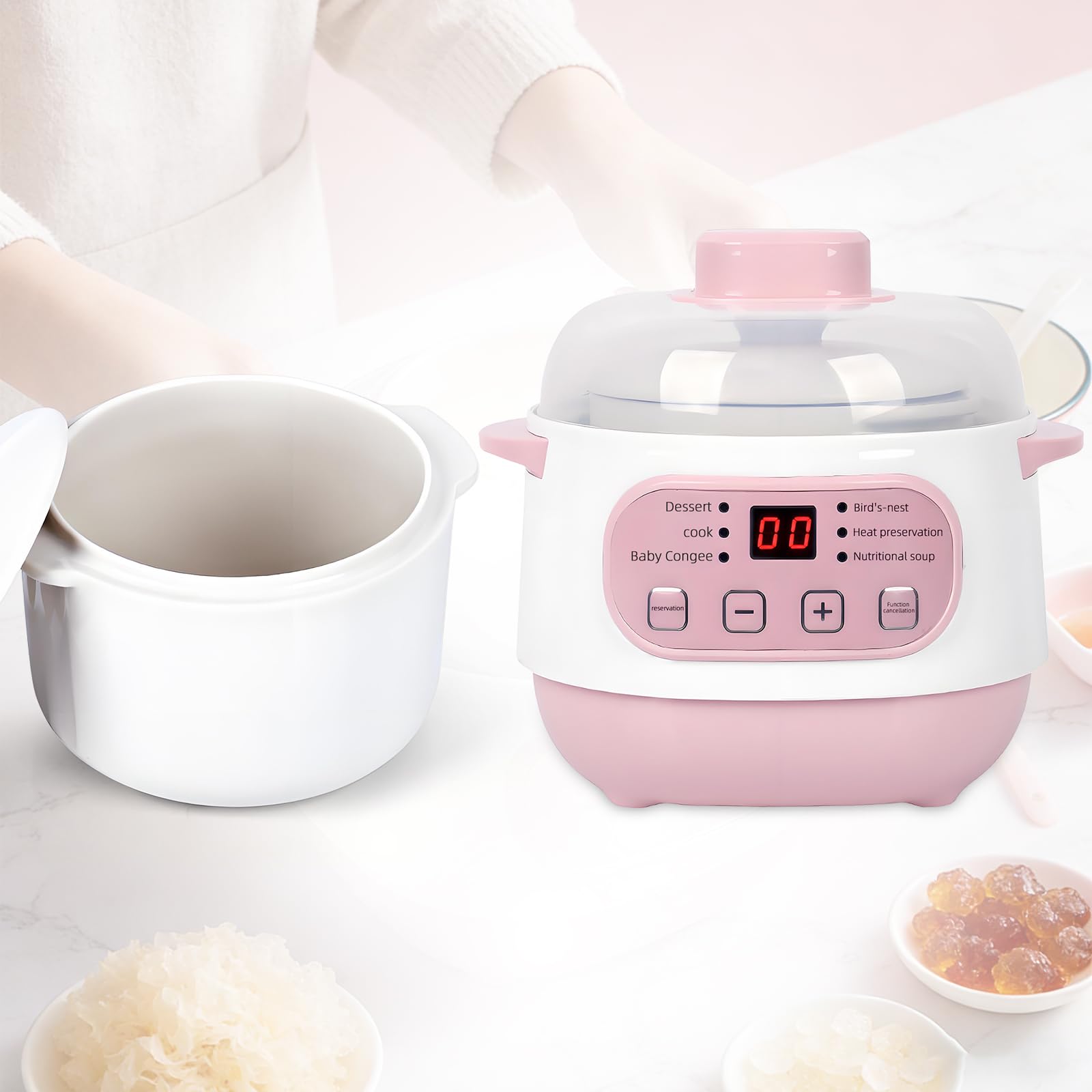 Pink 1L Ceramic Slow Cooker with Steamer Basket, 200W Mini Electric Stew Pot, 24-Hour Delayed Start & Auto Keep-Warm, Household Kitchen Safety Dry-Burn Protection Porridge & Soup Pot product image