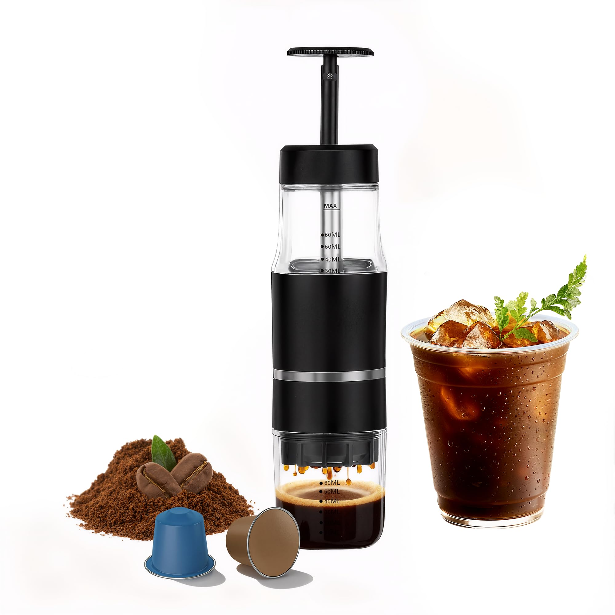 PIQUEBAR Portable Coffee Maker for Ground Coffee & Capsules, Small Espresso Machine Manual French Press Coffee Maker for Travel, Camping product image