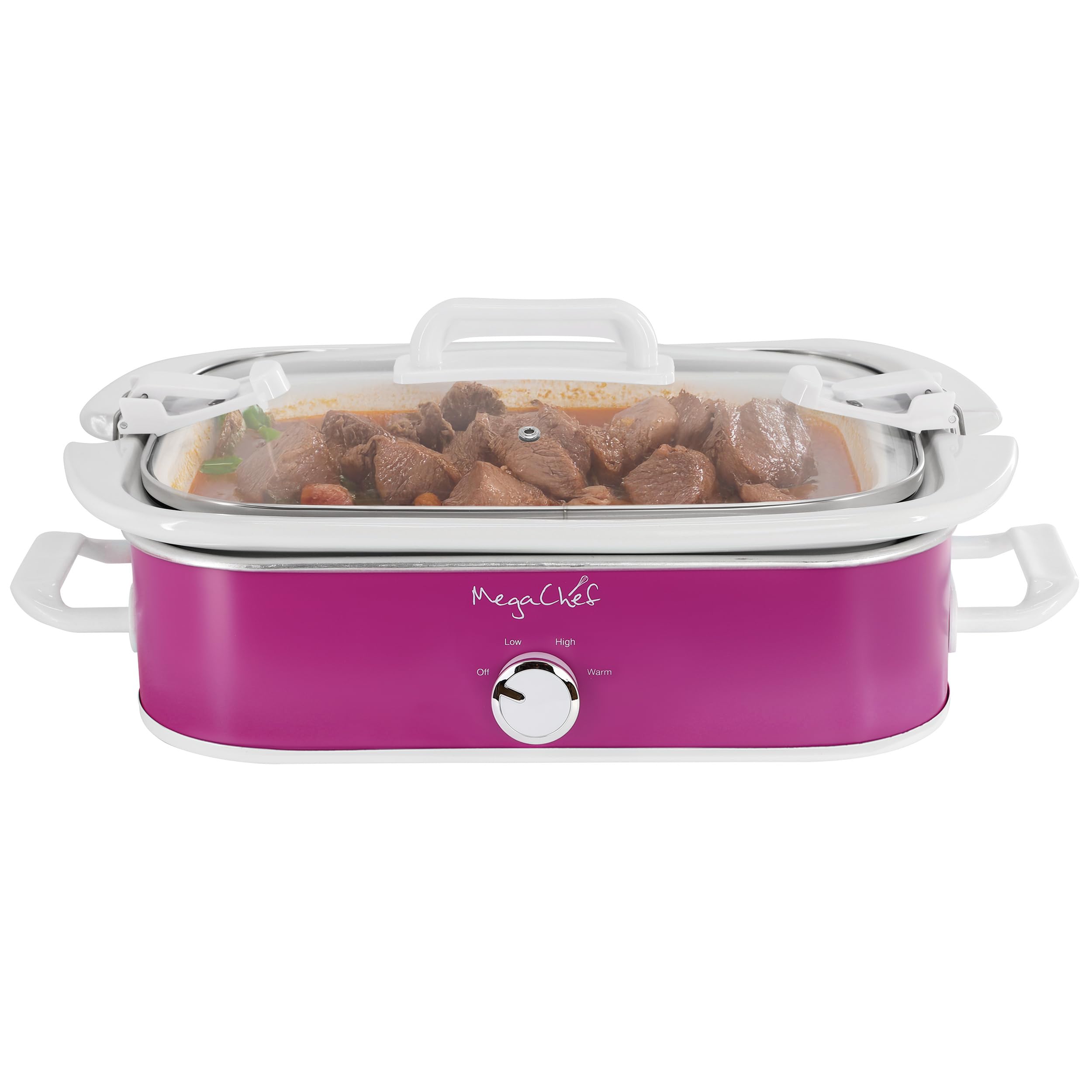 MegaChef 3.5 Quart Rectangle Casserole Slow Cooker with 3 Temperature Settings, Carry Handles and Locking Tempered Glass Lid Purple product image