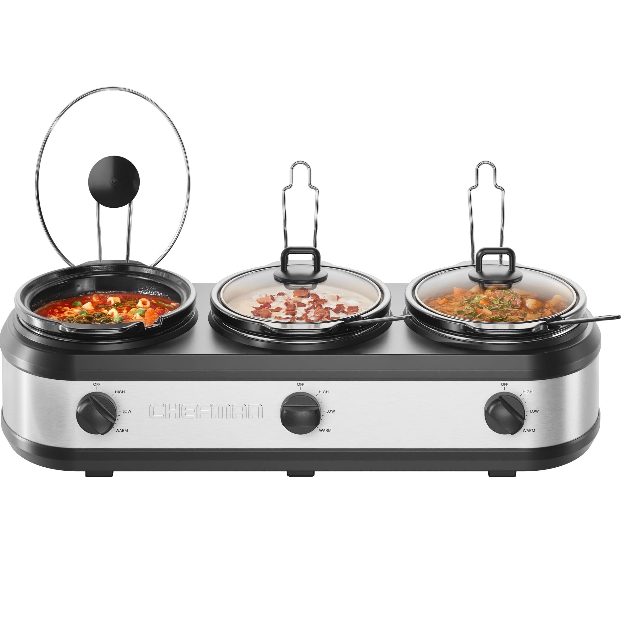 Chefman Triple Slow Cooker & Food Warmer, Three Crock Slowcooker with 2.5 Qt. Ceramic Crocks, 7.5-Quart Total Capacity, PFAS-Free, Three Temperature Settings, Dishwasher-Safe Parts – Stainless Steel product image